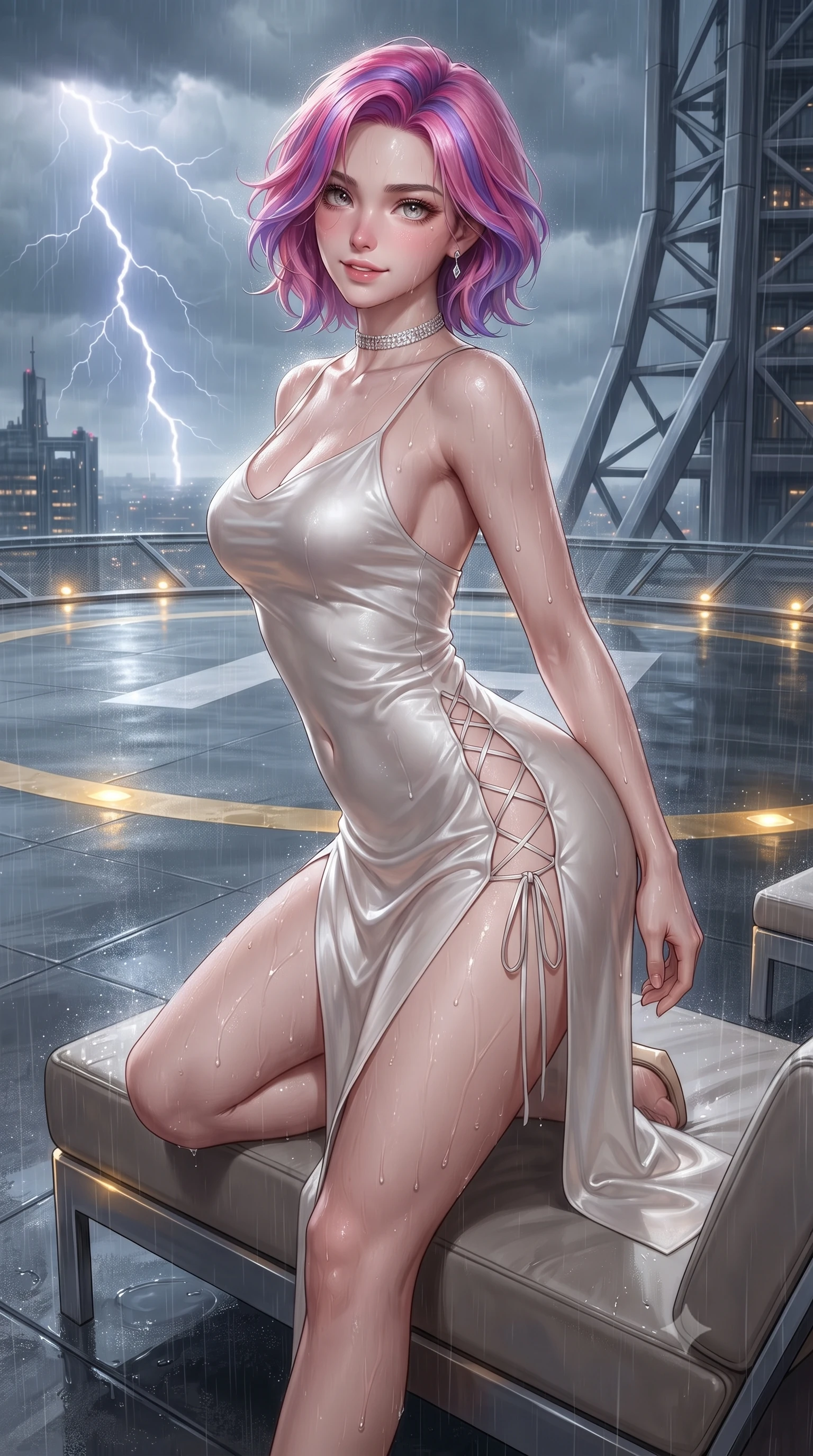 score_9, masterpiece, best quality, ultra-detailed, high-budget anime keyframe, editorial fashion photography, tasteful artistic composition, Caucasian woman. close-up cowboy shot from the waist and thighs up, the character dominates the composition, filling the frame with her large presence. perched sideways on the lounge seat, one knee drawn up to showcase her slender leg line while her arched back accentuates her feminine hip curve while standing tall on the wet helipad marked with glowing gold lines, arching her back with breathtaking sovereign power as rain glistens on skin. The surrounding environment is rendered in vivid detail and crisp panoramic clarity: detailed wet-look leatherette jumpsuit cling, diamond choker shine, and high-rise structural engineering in high resolution. She has an exceptionally elegant, slender, and willowy female figure with an ultra-slim waist, flat toned midriff, narrow ribcage, and sculpted feminine hips creating an alluring, slim hourglass silhouette without bulk. sharp v-shaped jawline, high-bridge nose, sparkling eyes with hypnotic seductive depth, thick curled eyelashes, glossy parted lips with a natural dewy peach sheen, alluring bedroom-eyes with an enchanting coquettish smile, exuding magnetic siren charisma and sophisticated glamour, flawlessly proportioned anatomical accuracy, strict slender model proportions, natural body alignment, perfectly sculpted long slender limbs, ultra-slim waistline, clean dynamic posture without body distortion. wearing a form-contouring gossamer silk chiffon slip dress with a hip-high slit and open back, clinging smoothly with dewy moisture in pure pearl alabaster with liquid platinum sheen, made of sheer gossamer chiffon that drapes softly against skin with airy translucence, featuring fine criss-cross lace-up side ties revealing tantalizing glimpses of her hip curve, the high-slit wrap tailoring accentuating her ultra-slim waistline and the enchanting curve of her feminine hips with alluring seductive charm. bathed in golden helipad perimeter beacon lights combined with sudden lightning flash strobes. ultra-reflective glossy finish, specular highlights, rich textural contrasts, high-contrast stereoscopic depth, volumetric dynamic lighting, 2k, ultra detail, master piece, 9:16 ratio