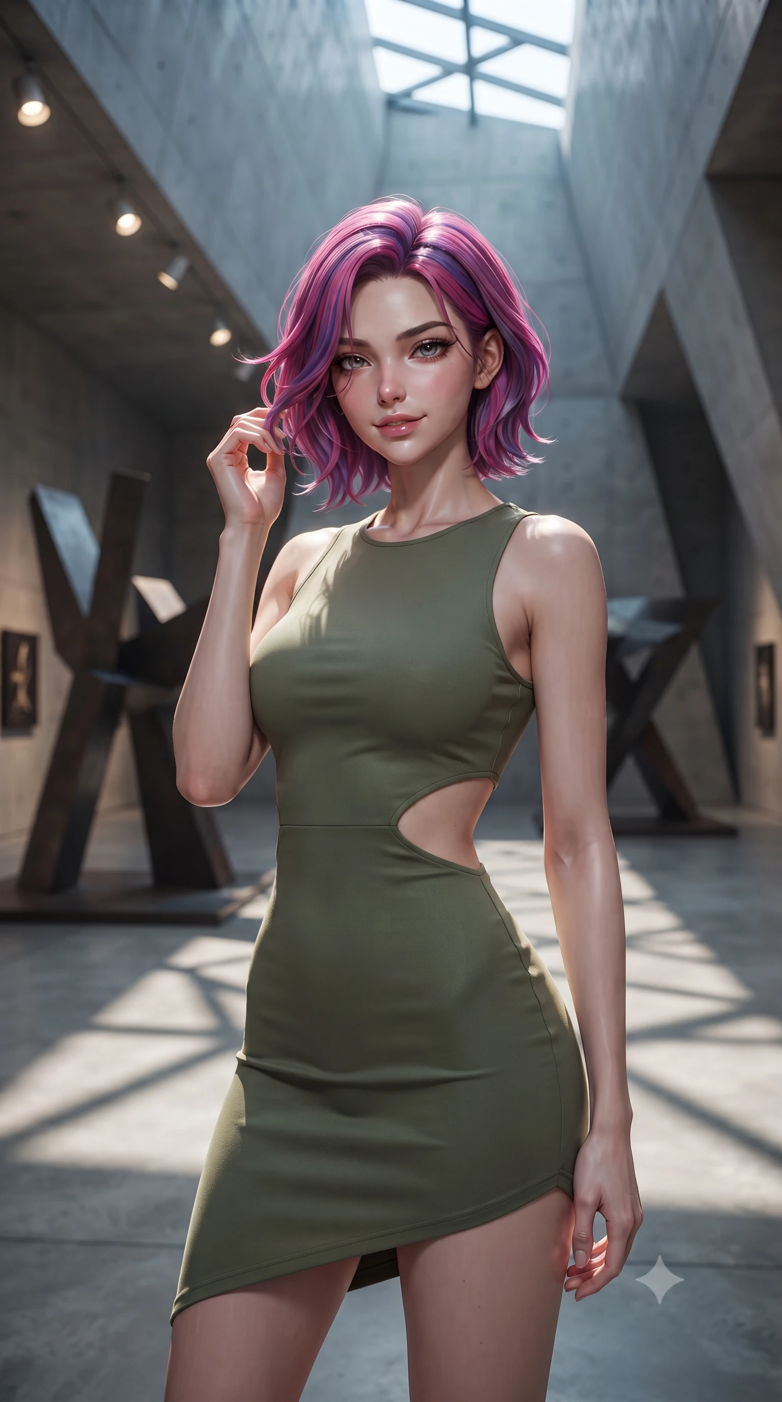 score_9, masterpiece, best quality, ultra-detailed, high-budget anime keyframe, editorial fashion photography, tasteful artistic composition, Caucasian woman, strictly human ears. close-up cowboy shot from the waist and thighs up, the character dominates the composition, filling the frame with her large presence, background elements kept in soft focus. Gently brushing hair from her face with an enigmatic half-smile. set against a soft-focus background of a raw concrete gallery space with dramatically angular walls and soaring ceilings featuring massive abstract steel sculptures and geometric shadow patterns cast by precisely placed architectural openings. She has an exceptionally elegant and slender, willowy female figure with an ultra-slim waist, a gracefully sculpted slender torso, and a refined slim physique. sharp v-shaped jawline, high-bridge nose, intricate jewel-like eyes with depth, thick eyelashes, glossy lips with a natural sheen. wearing a bodycon mini dress in olive green, featuring a side cut-out at the waist and an asymmetric hem. harsh directional white gallery spotlights creating strong geometric shadows on raw concrete surfaces with cool natural light from angular skylights above. 2k, ultra detail, master piece, 9:16 ratio