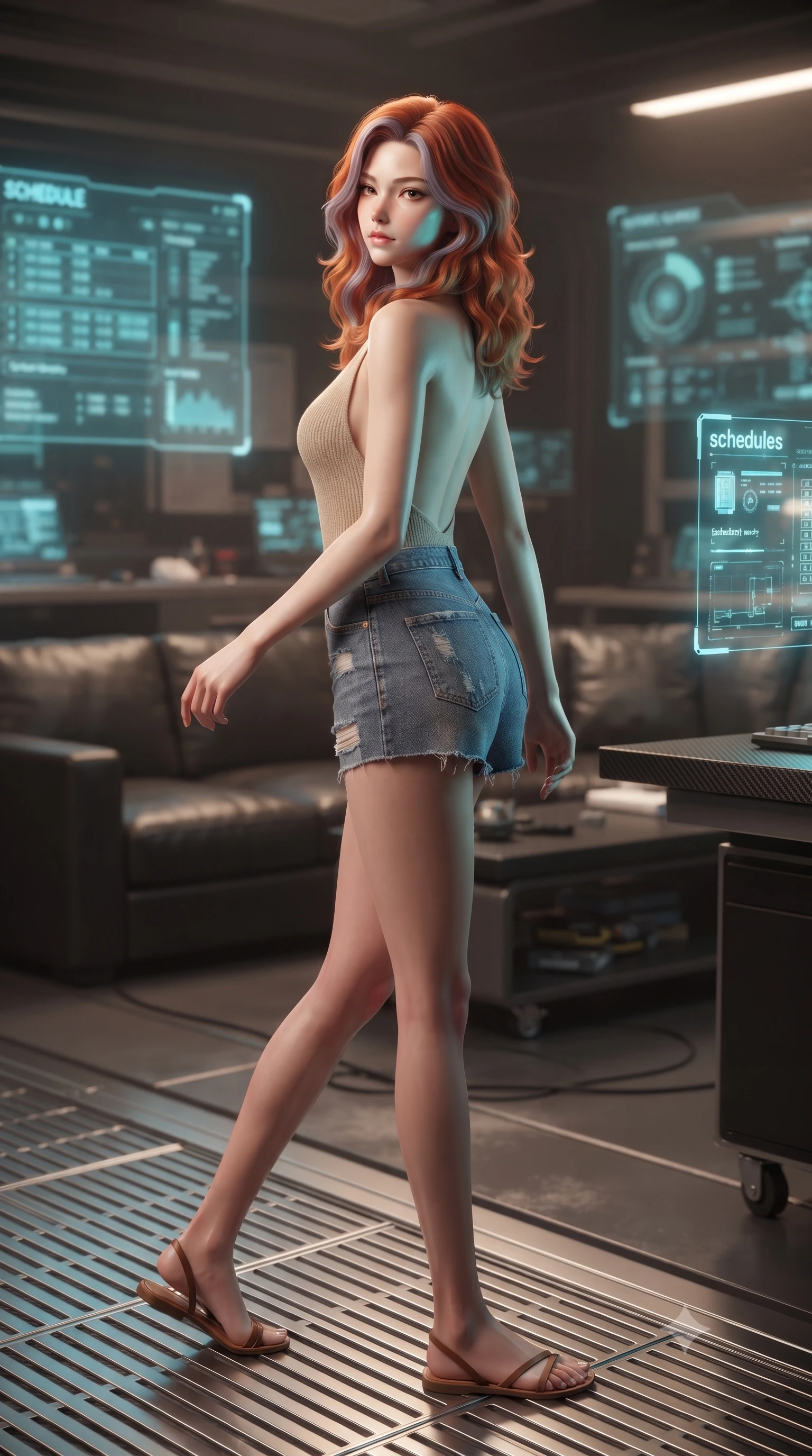 score_9, masterpiece, best quality, ultra-detailed, high-budget anime keyframe, editorial fashion photography, tasteful artistic composition, Caucasian woman. low angle full-body shot from head to toe showing her feet, filling the entire 9:16 vertical frame with her statuesque presence, stretching her vertical silhouette. stepping gracefully while looking back over her shoulder, her dress draped tightly to reveal her silhouette the background shows a soft-focus a cyber-garage lounge with leather sofas, carbon tools, and glowing schedules. She has an absolutely perfect, statuesque 8.5-heads proportion, an exceptionally tall and slender model-like female figure with impossibly long slender legs and an ultra-slim waist. sharp v-shaped jawline, high-bridge nose, intricate jewel-like eyes with depth, thick eyelashes, glossy lips with a natural sheen. wearing a slim-fit backless knit top in beige wool, paired with high-waisted denim shorts. soft cyan glow radiating from the screens onto her sharp jawline. ultra-reflective glossy finish, specular highlights, metallic sheen, high-contrast stereoscopic depth, volumetric dynamic lighting, 2k, ultra detail, master piece, 9:16 ratio