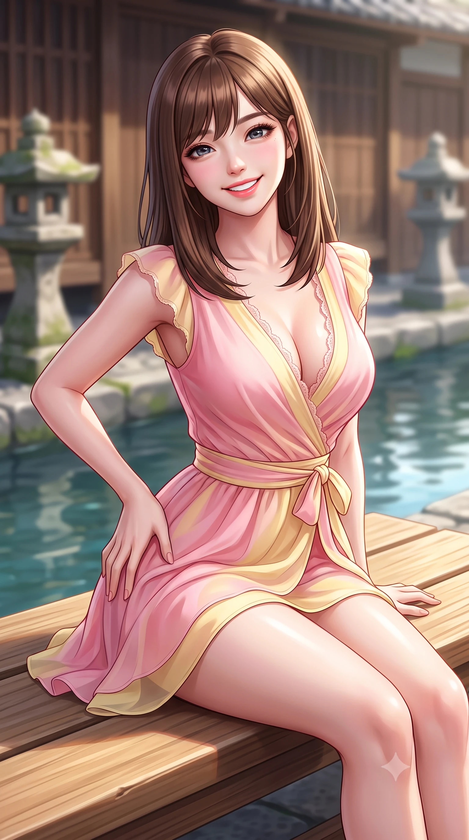 score_9, masterpiece, best quality, ultra-detailed, high-budget anime keyframe, semi-realistic 3D game render, editorial fashion photography, tasteful artistic composition, Korean woman. close-up cowboy shot from the waist and thighs up, the character dominates the composition, filling the frame with her large presence. tilting her head with a cute beaming smile while arching her spine with effortless dancer poise, one hand sliding along her hip line in a flirtatious S-curve while sitting on a sunlit wooden bench beside the canal, her form-hugging outfit accentuating her narrow waist and curvy hips in the spring breeze. The composition keeps background elements in soft focus with dreamy creamy bokeh. traditional wooden teahouse walls and stone moss lanterns softened in tranquil Kyoto shallow focus. She has an exceptionally elegant, slender, and willowy female figure with an ultra-slim waist, flat toned midriff, narrow ribcage, and sculpted feminine hips creating an alluring, slim hourglass silhouette without bulk. sharp v-shaped jawline, high-bridge nose, intricate jewel-like sparkling eyes with depth, thick eyelashes, glossy parted lips with a natural peach sheen, bright cheerful beaming smile with an enchanting and coquettish sensual glint, exuding both youthful cute charm and seductive allure, flawlessly proportioned anatomical accuracy, strict slender model proportions, natural body alignment, perfectly sculpted long slender limbs, ultra-slim waistline, clean dynamic posture without body distortion. wearing a breezy wrap mini dress with a deep V-neckline and tie-waist accentuating her sculpted flat midriff and hips in sweet strawberry milk pink and butter yellow, woven from layered gossamer organza with weightless flutter, finished with delicate lace scallop edging along the neckline, the form-fitting cut adhering flawlessly to her sculpted flat midriff and slender torso, emphasizing her long leg lines and perfectly proportioned willowy build. illuminated by calm water reflections sharply sculpting her sculpted cheekbones, ultra-slim waist, and curvy hips. highly saturated vibrant anime colors, detailed shading with soft gradients, rich glossy textures, high-contrast stereoscopic depth, volumetric dynamic lighting, master piece, 9:16 ratio