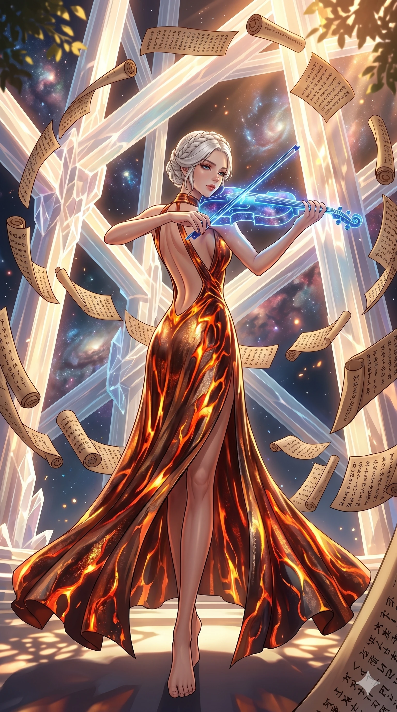 score_9, masterpiece, best quality, ultra-detailed, Set A: High-budget Anime Keyframe, Japanese woman. Low angle cowboy shot filling the entire 9:16 frame with her statuesque presence. Theme: Abstract Cosmic. playing a holographic violin in a temple made of solid light, surrounded by a whirlwind of 43 floating ancient scrolls. The atmosphere is filled with cinematic sunlight through leaves. She has an absolutely perfect 8-heads proportion, an exceptionally tall and slender female figure with impossibly long slender legs and an ultra-slim waist. Sharp v-shaped jawline, high-bridge nose, intricate jewel-like eyes with depth, glossy lips. Wearing Lava-textured metallic dress that glows with an internal fire, featuring an open back. Cinematic lighting, vivid colors, dramatic shadows, 2k, ultra detail, master piece, 9:16 ratio