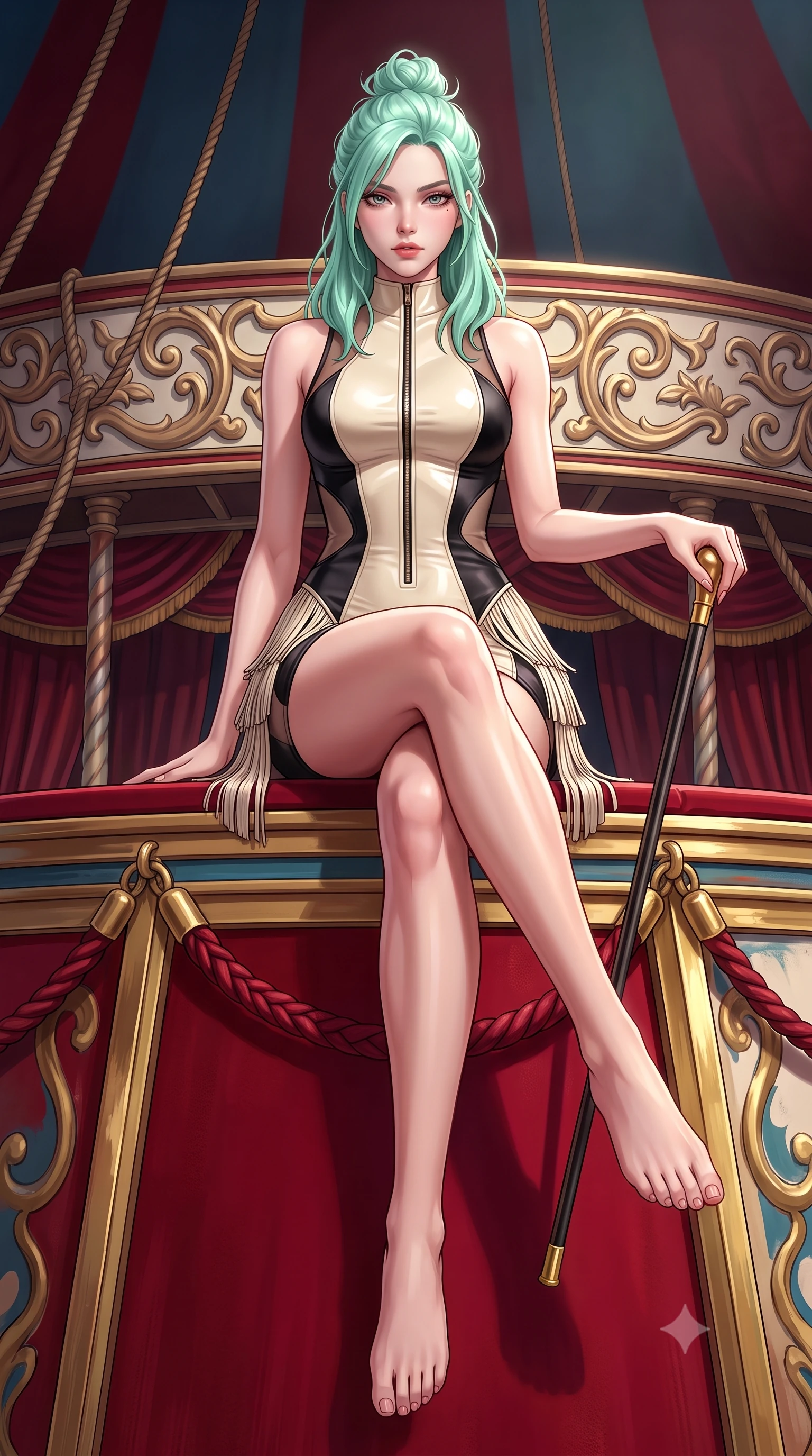score_9, masterpiece, best quality, ultra-detailed, high-budget anime keyframe, semi-realistic 3D game render, editorial fashion photography, tasteful artistic composition, Japanese woman. low angle full-body shot from head to toe showing her feet, filling the entire 9:16 vertical frame with her statuesque presence, stretching her vertical silhouette. sitting perched on the elevated edge with hips angled toward the camera and legs crossed, displaying her toned midriff and flawlessly sculpted slender limbs while leaning against a crimson circus ringmaster podium with hips cocked back, holding a gold-tipped cane while locking smoldering eyes with the lens. The surrounding environment is rendered in vivid detail and crisp panoramic clarity. sharp carved carousel filigree, velvet rope braid textures, and circus platform rigging in deep focus. She has an absolutely perfect, statuesque 8.5-heads proportion, an exceptionally tall and slender model-like female figure with impossibly long slender legs, a toned flat midriff, an ultra-slim waist, and beautifully sculpted feminine hips. sharp v-shaped jawline, high-bridge nose, intricate jewel-like eyes with depth, thick eyelashes, glossy parted lips with a natural sheen, intensely captivating and seductive bedroom-eyes expression, flawlessly proportioned anatomical accuracy, strict slender model proportions, natural body alignment, perfectly sculpted long slender limbs, ultra-slim waistline, clean dynamic posture without body distortion. wearing a form-contouring vinyl circus mini dress with front zipper and body-hugging hip hug in vintage champagne ivory and black satin, made of stretchy athletic knit with sheer mesh cutout inserts, finished with tiered silk fringe tassels that flutter with every hip movement, the precision-cut side openings and low-back scoop framing her graceful spine and the sensual sweep of her hips. surrounded by an eccentric, spellbinding, and dangerously seductive circus queen aura. highly saturated vibrant anime colors, detailed shading with soft gradients, rich glossy textures, high-contrast stereoscopic depth, volumetric dynamic lighting, master piece, 9:16 ratio
