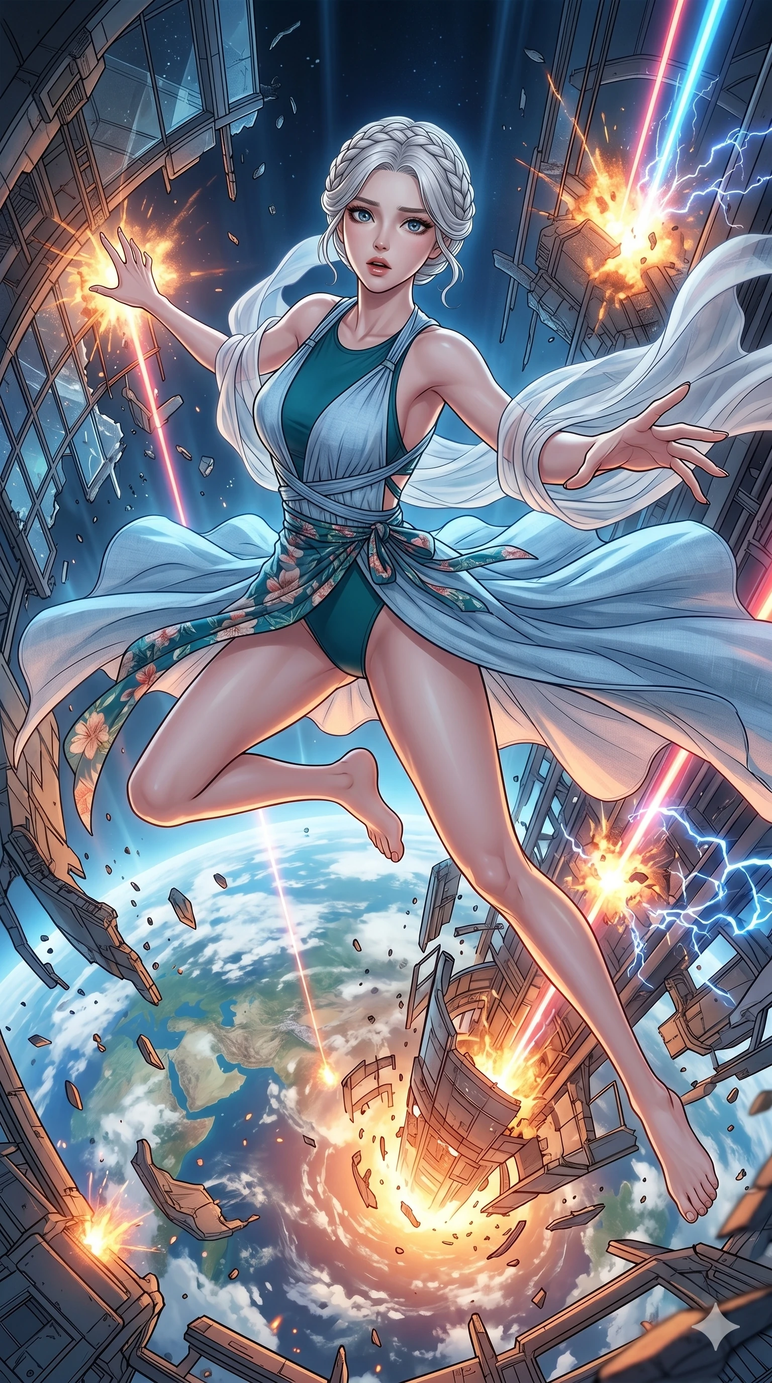 score_9, masterpiece, best quality, ultra-detailed, high-budget anime movie keyframe, cinematic anime lighting, intricate line art, Korean anime girl. Extreme high angle shot as she leaps towards the camera, filling the frame. escaping a collapsing space elevator as it falls towards the planet. She has an absolutely perfect 8-heads proportion, an exceptionally tall and slender female figure with an ultra-slim waist and impossibly long slender legs. strictly human anatomy, two legs only, no extra limbs, clearly defined legs and arms, perfect anatomy, perfect hands and fingers. sharp v-shaped jawline, high-bridge nose, intricate jewel-like eyes, thick eyelashes, glossy lips. Wearing Seasonal/Resort: High-cut one-piece with sarong, linen sundress with tie-back, and sheer fabric wrap. The scene is illuminated by dramatic atmospheric lighting and vibrant color palettes. , 2k, ultra detail, master piece, 9:16 ratio