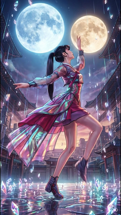 A breathtaking 8-second video featuring a girl in a futuristic iridescent Hanbok performing a graceful dance. She is in a traditional Korean courtyard under two luminous moons. Translucent, glowing crystals fall from the sky like rain, reflecting the
