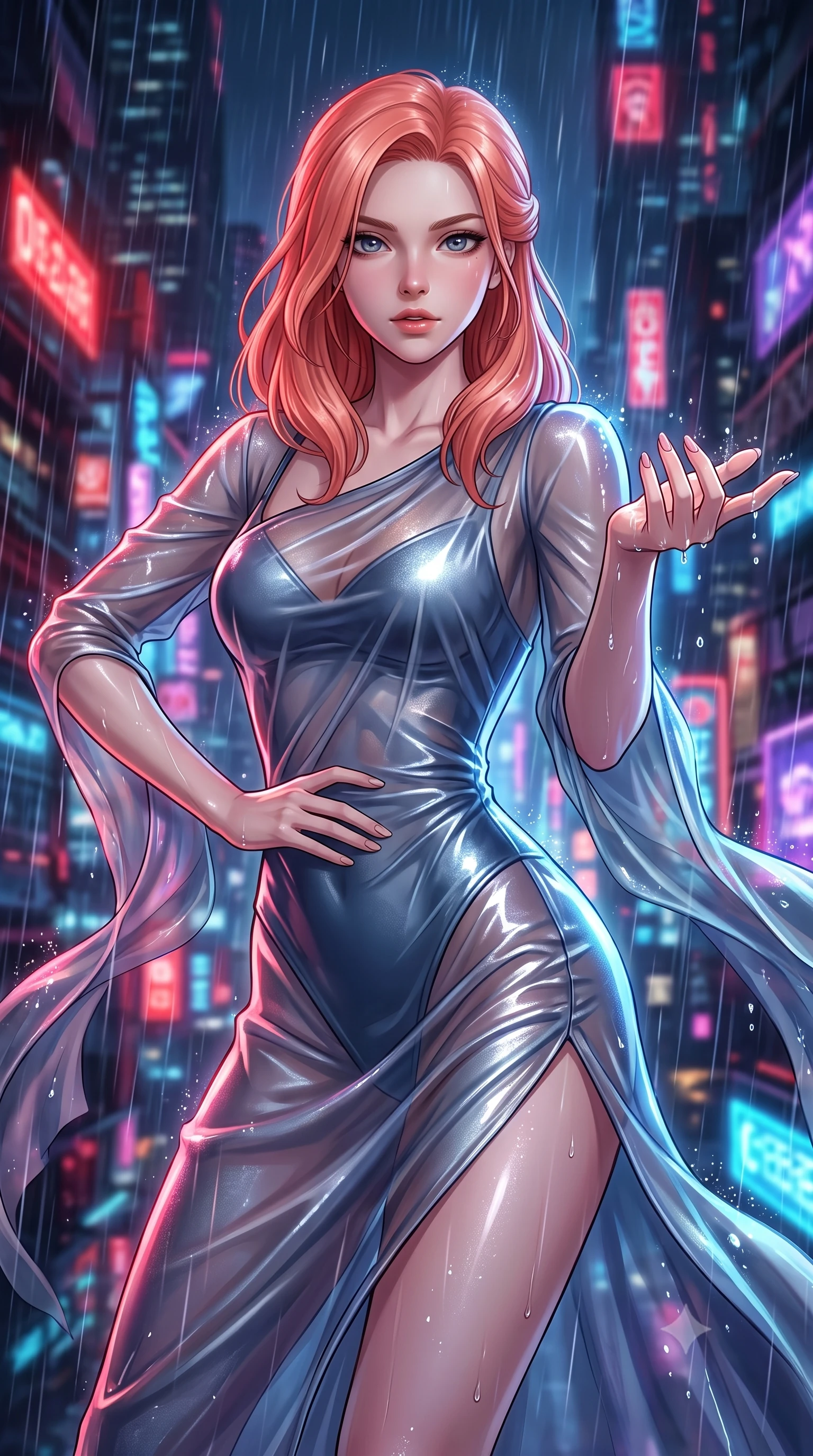 score_9, masterpiece, best quality, ultra-detailed, high-budget anime keyframe, editorial fashion photography, tasteful artistic composition, Japanese woman. close-up cowboy shot from the waist and thighs up, the character dominates the composition, filling the frame with her large presence, background elements kept in soft focus. Holding a powerful dynamic pose with one hand on her hip and body angled dramatically toward the key light while reaching forward with one hand to catch rain droplets catching neon speculars, fluttering lightweight attire catching the high-altitude rainy wind. She has an exceptionally elegant, slender, and willowy female figure with an ultra-slim waist, a gracefully sculpted slender torso, and a refined silhouette. sharp v-shaped jawline, high-bridge nose, intricate jewel-like eyes with depth, thick eyelashes, glossy lips with a natural sheen, flawlessly proportioned anatomical accuracy, natural body alignment, perfectly sculpted elegant limbs, clean dynamic posture without body distortion. wearing a semi-opaque sheer overlay dress over a leather micro-bodysuit in slate blue and metallic silver, made of premium stretch velvet with a rich sheen, finished with a sleek side slit ascending to mid-thigh, the elegant draped fit framing her graceful clavicle and slender torso. drenched in wet neon reflections with brilliant specular highlights on her silhouette. highly saturated vibrant anime colors, detailed shading with soft gradients, rich glossy textures, high-contrast stereoscopic depth, volumetric dynamic lighting, master piece, 9:16 ratio