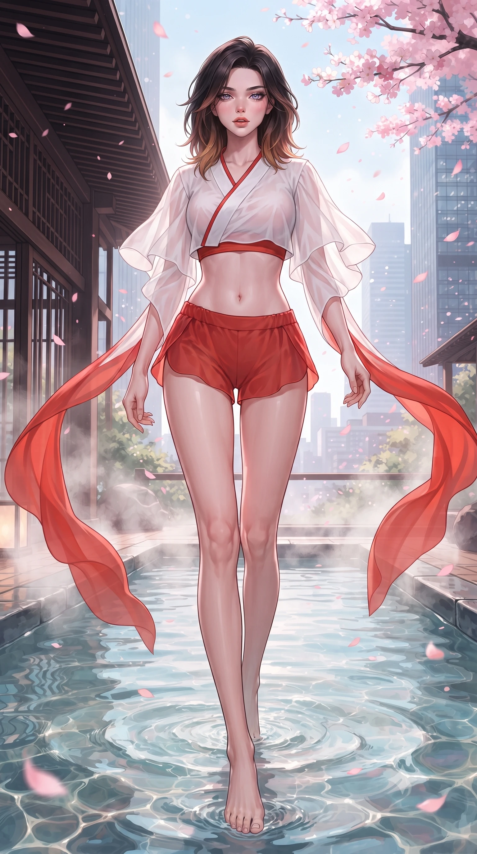 score_9, masterpiece, best quality, ultra-detailed, high-budget anime keyframe, editorial fashion photography, tasteful artistic composition, Korean woman. low angle full-body shot from head to toe showing her feet, filling the entire 9:16 vertical frame with her statuesque presence, stretching her vertical silhouette. striding forward in a proud supermodel runway stride, hips swaying in an alluring kinetic rhythm that accentuates her curvy hourglass silhouette while wading through the thermal mineral pool beneath falling pink sakura petals, arching her spine in pure pleasure as steam curls around her waist. The surrounding environment is rendered in vivid detail and crisp panoramic clarity. detailed mineral pool ripple caustics, cedar lattice work, and city skyscraper windows in high clarity. She has an absolutely perfect, statuesque 8.5-heads proportion, an exceptionally tall and slender model-like female figure with impossibly long slender legs, a toned flat midriff, an ultra-slim waist, and beautifully sculpted feminine hips. sharp v-shaped jawline, high-bridge nose, intricate jewel-like eyes with depth, thick eyelashes, glossy parted lips with a natural sheen, intensely captivating and seductive bedroom-eyes expression, flawlessly proportioned anatomical accuracy, strict slender model proportions, natural body alignment, perfectly sculpted long slender limbs, ultra-slim waistline, clean dynamic posture without body distortion. wearing a modern shortened cyber-yukata crop top with wide fluttering sleeves and low-slung silk swim shorts in pure snow white and vermilion red, woven from sheer cascading chiffon that ripples like water, finished with long flowing silk arm ribbons that float weightlessly in the air, the liquid-tight tailored fabric clinging flawlessly to her narrow waist and rounded feminine hips, emphasizing every millimeter of her sculpted hourglass curves during movement. bathed in soft pink cherry blossom ambient glow and warm underwater mineral pool lights. ultra-reflective glossy finish, specular highlights, rich textural contrasts, high-contrast stereoscopic depth, volumetric dynamic lighting, 2k, ultra detail, master piece, 9:16 ratio