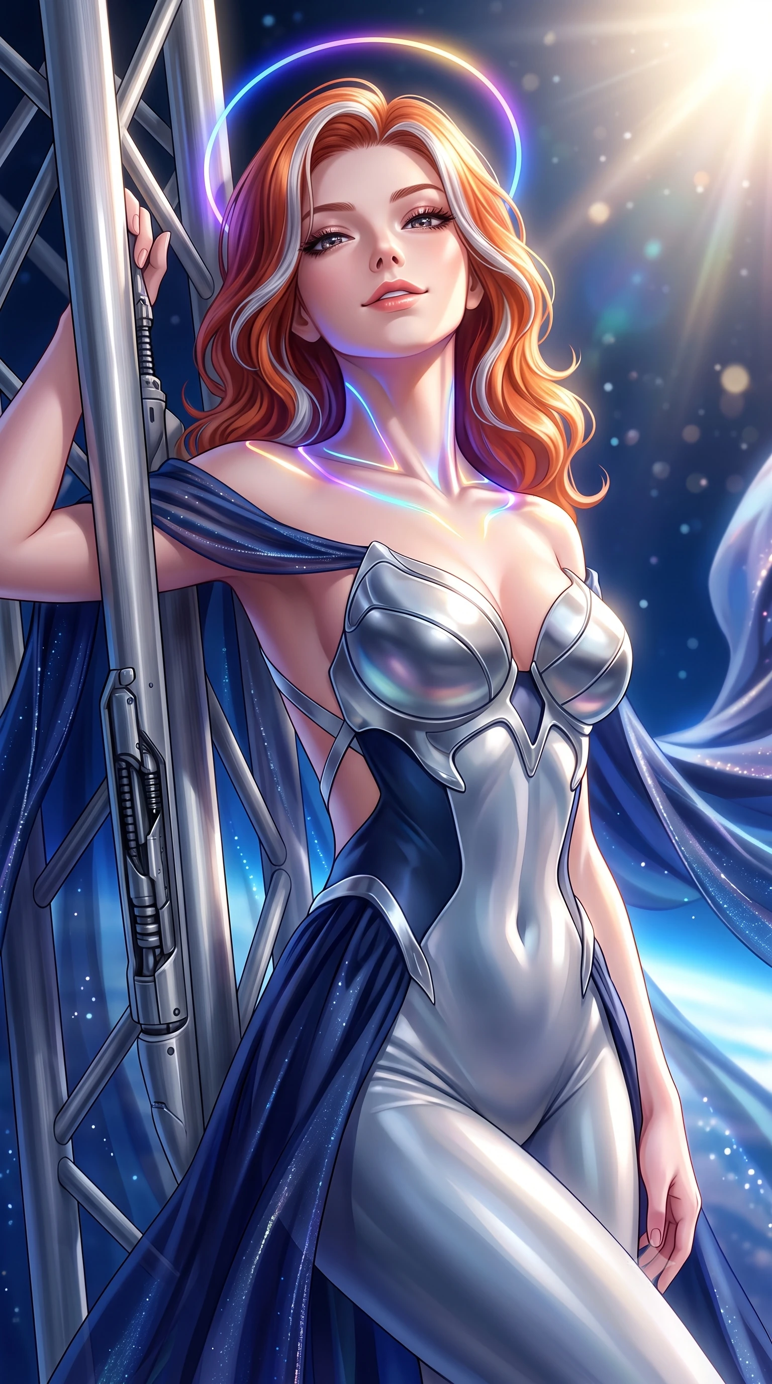score_9, masterpiece, best quality, ultra-detailed, high-budget anime keyframe, semi-realistic 3D game render, editorial fashion photography, tasteful artistic composition, Caucasian woman. close-up cowboy shot from the waist and thighs up, the character dominates the composition, filling the frame with her large presence. tilting her head back with serene regal elegance, her sharp jawline and sculpted collarbones highlighted by glowing neon halo reflections while leaning against a structural titanium truss with a confident, celestial smile looking directly into the lens. The composition keeps background elements in soft focus with creamy bokeh. brilliant solar flare rays and starlight scattering radiant light motes across a deep space backdrop. She has an exceptionally elegant, slender, and willowy female figure with an ultra-slim waist, a gracefully sculpted slender torso, toned flat midriff, and a refined slim silhouette. sharp v-shaped jawline, high-bridge nose, intricate jewel-like eyes with depth, thick eyelashes, glossy lips with a natural sheen, flawlessly proportioned anatomical accuracy, strict slender model proportions, natural body alignment, perfectly sculpted long slender limbs, ultra-slim waistline, clean dynamic posture without body distortion. wearing a form-contouring white liquid-mercury gown with polished silver biomechanical breastplate and flowing luminescent chiffon cape in deep midnight navy blue and pure starlight chrome, crafted from delicate iridescent organza interwoven with luminescent micro-fibers, complemented by criss-cross back straps highlighting her completely bare spine, the glove-like aerodynamic second-skin fit tightly clinging to her ultra-slender waist and athletic curves without adding bulk, accentuating her razor-sharp statuesque lines and slim hourglass silhouette. bathed in dazzling high-noon orbital sunlight and rich blue planetary ambient bounce light. rich saturated anime colors with glowing neon highlights, detailed shading with soft gradients, rich glossy textures, high-contrast stereoscopic depth, volumetric dynamic lighting, master piece, 9:16 ratio