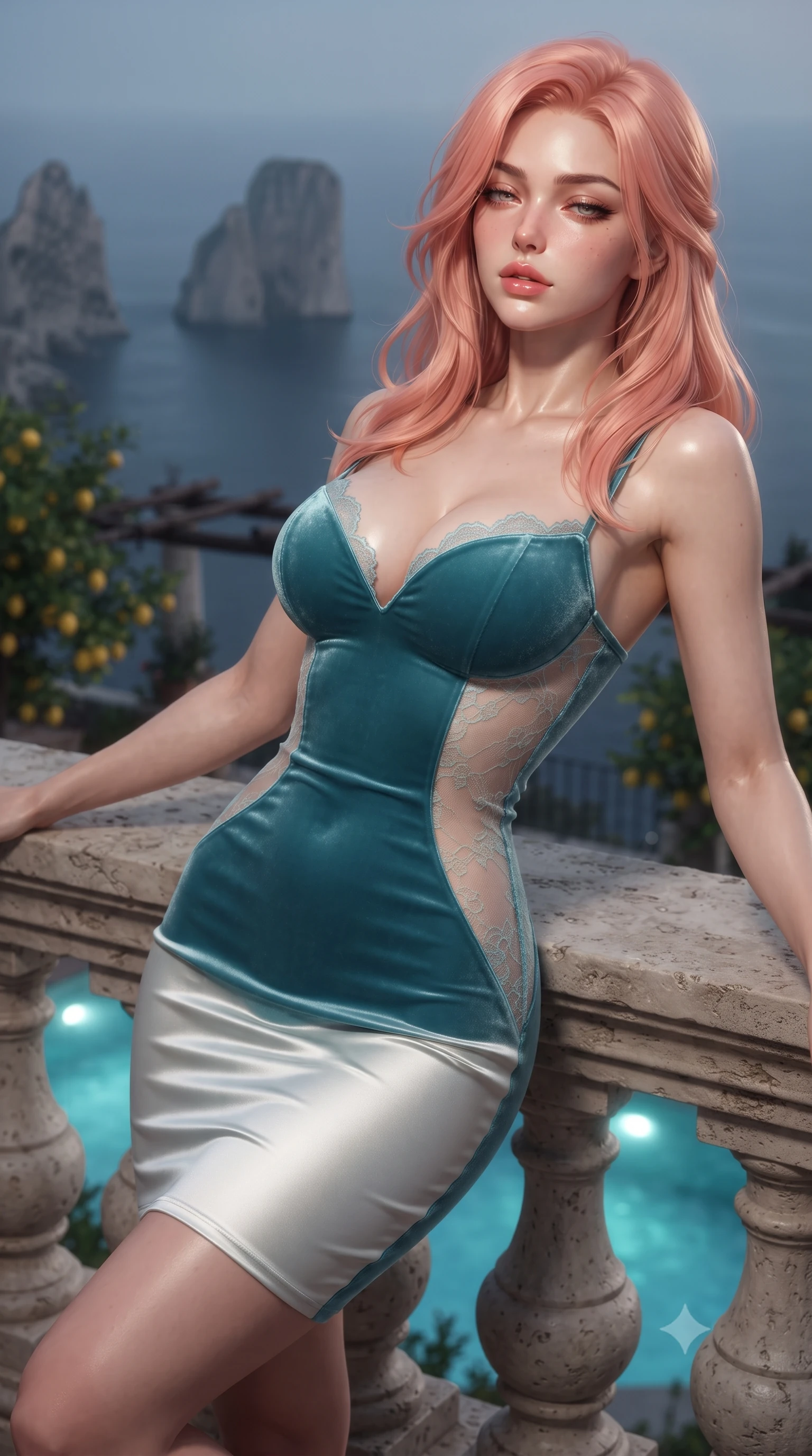 score_9, masterpiece, best quality, ultra-detailed, high-budget anime keyframe, editorial fashion photography, tasteful artistic composition, Japanese woman. close-up cowboy shot from the waist and thighs up, the character dominates the composition, filling the frame with her large presence. leaning back against the balustrade with relaxed seductive grace, head tilted back slightly while casting a hypnotic, heavy-lidded gaze while twisting her slender torso in an alluring S-curve, glowing underwater turquoise pool lamps and silver moonlight tracing her flat midriff and hips. The background shows a soft-focus monumental Faraglioni limestone sea stacks rising from the dark sea, fragrant yellow lemon trees on rustic chestnut pergolas, and coastal fog blurred into lemon-gold, azure, and silver bokeh. She has an exceptionally elegant, slender, and willowy female figure with an ultra-slim waist, flat toned midriff, narrow ribcage, and sculpted feminine hips creating an alluring, slim hourglass silhouette without bulk. sharp v-shaped jawline, high-bridge nose, sparkling eyes with hypnotic seductive depth, thick curled eyelashes, glossy parted lips with a natural dewy peach sheen, alluring bedroom-eyes with an enchanting coquettish smile, exuding magnetic siren charisma and sophisticated glamour, flawlessly proportioned anatomical accuracy, strict slender model proportions, natural body alignment, perfectly sculpted long slender limbs, ultra-slim waistline, clean dynamic posture without body distortion. wearing a deep sweetheart-neckline velvet bodycon dress with sheer side-torso cutouts accentuating her hourglass curves in Capri turquoise and pure pearl white, crafted from fluid liquid silk satin that clings smoothly to every curve with a dewy sheen, finished with scalloped eyelash lace trim framing her sweetheart neckline with intimate elegance, the second-skin tailored fabric adhering flawlessly to her sculpted flat midriff and slender torso, emphasizing her long leg lines and perfectly proportioned willowy build. illuminated by water surface reflection caustics and sharp platinum rim lights sculpting her jawline, flat midriff, and voluptuous hip curves. ultra-reflective glossy finish, specular highlights, rich textural contrasts, high-contrast stereoscopic depth, volumetric dynamic lighting, 2k, ultra detail, master piece, 9:16 ratio