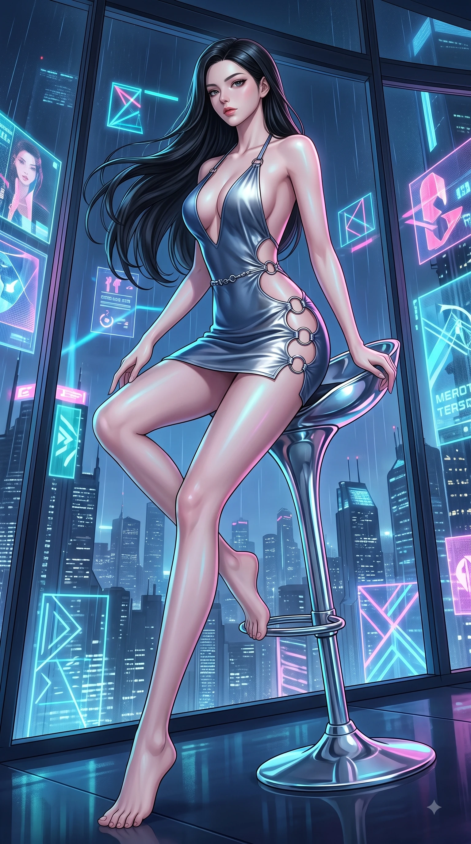 score_9, masterpiece, best quality, ultra-detailed, high-budget anime keyframe, editorial fashion photography, tasteful artistic composition, Korean woman. low angle full-body shot from head to toe showing her feet, filling the entire 9:16 vertical frame with her statuesque presence, stretching her vertical silhouette. pivoting dynamically in zero-gravity with fluid S-curve alignment, displaying her perfect model proportions while perched on a sleek chrome barstool in a futuristic sky-lounge overlooking rain-slicked city streets, holographic advertisements casting dynamic geometric light patterns on her form. She has an absolutely perfect, statuesque 8.5-heads proportion, an exceptionally tall and slender model-like female figure with impossibly long slender legs and an ultra-slim waist. sharp v-shaped jawline, high-bridge nose, intricate jewel-like eyes with depth, thick eyelashes, glossy lips with a natural sheen, flawlessly proportioned anatomical accuracy, natural body alignment, perfectly sculpted elegant limbs, clean dynamic posture without body distortion. wearing a deep-scoop halter bodycon dress with hip cutouts connected by silver rings in slate blue and metallic silver, crafted from smooth liquid silk, accented with delicate chrome ring hardware framing her waist, the form-contouring material highlighting her ultra-slim waist and long lines. drenched in wet neon reflections with brilliant specular highlights on her silhouette. highly saturated vibrant anime colors, detailed shading with soft gradients, rich glossy textures, high-contrast stereoscopic depth, volumetric dynamic lighting, master piece, 9:16 ratio