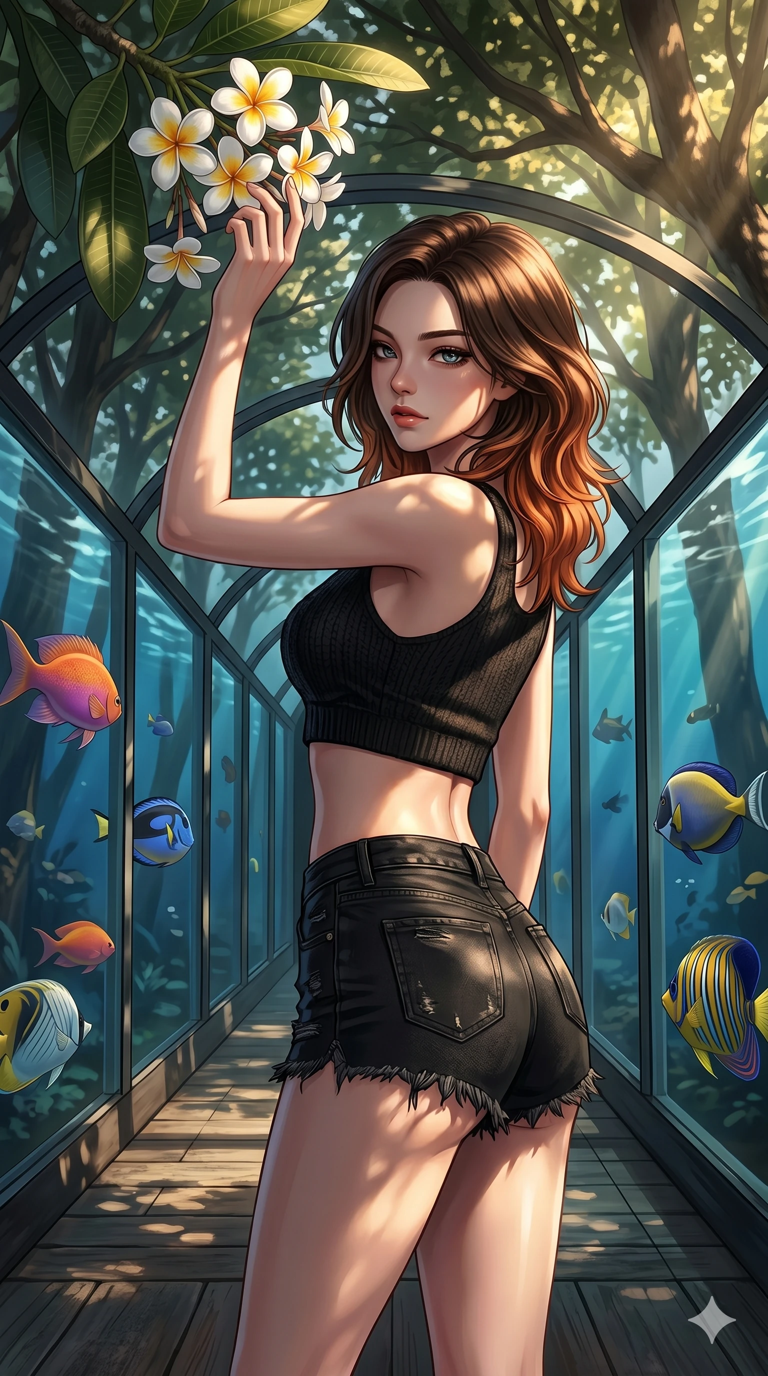 score_9, masterpiece, best quality, ultra-detailed, high-budget anime keyframe, editorial fashion photography, tasteful artistic composition, Korean woman. cowboy shot from the thighs up, character and outfit filling the frame for maximum editorial presence. reaching up to touch a frangipani flower, looking over her shoulder with a sultry gaze inside a beachside glass tunnel with swimming colorful tropical fish (Code-P19-114). She has an absolutely perfect 8-heads proportion, an exceptionally tall and slender female figure with impossibly long slender legs and an ultra-slim waist. V-shaped jawline, high-bridge nose, intricate jewel-like eyes with depth, thick eyelashes, glossy lips with a natural sheen. wearing a crop top showing her bare midriff and micro-shorts on the deck. dramatic chiaroscuro with a single golden key light filtering through the trees. 2k, ultra detail, master piece, 9:16 ratio