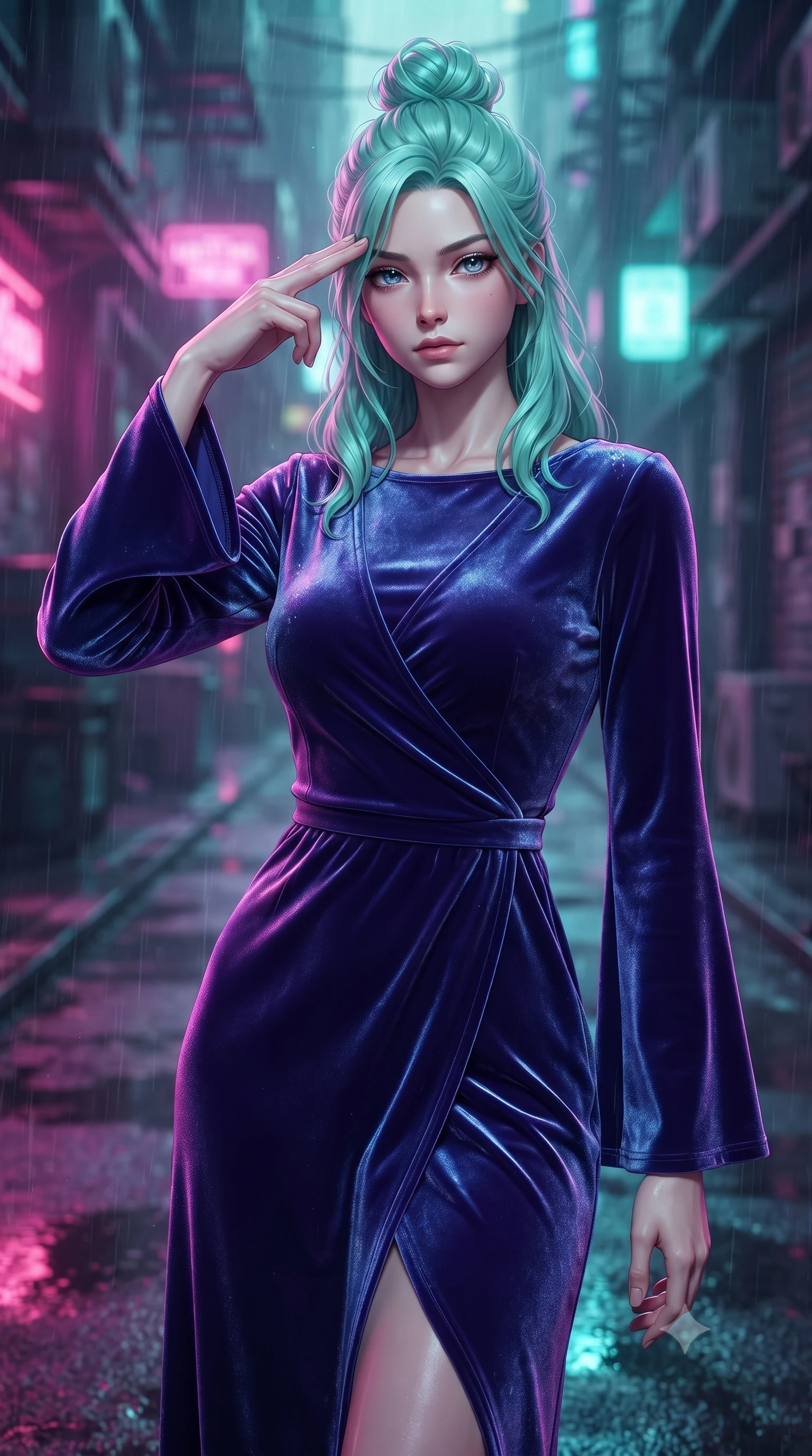score_9, masterpiece, best quality, ultra-detailed, high-budget anime keyframe, editorial fashion photography, tasteful artistic composition, Japanese woman woman. close-up cowboy shot from the waist and thighs up, the character dominates the composition, filling the frame with her large presence, background elements kept in soft focus. She has an exceptionally elegant, slender, and willowy female figure with an ultra-slim waist, a gracefully sculpted slender torso, and a refined silhouette. pressing two fingers to her temple in a composed gesture, gazing past the camera with sharp focus, flawlessly proportioned anatomical accuracy, natural body alignment, perfectly sculpted elegant limbs, clean dynamic posture without body distortion. set against a soft-focus background of a cyberpunk alley with wet asphalt reflecting rain. wearing a luxurious velvet wrap gown with long bell sleeves and a modest boat neckline. drenched in wet neon reflections of magenta and turquoise casting glossy specular highlights. ultra-reflective glossy finish, specular highlights, metallic sheen, high-contrast stereoscopic depth, volumetric dynamic lighting, 2k, ultra detail, master piece, 9:16 ratio