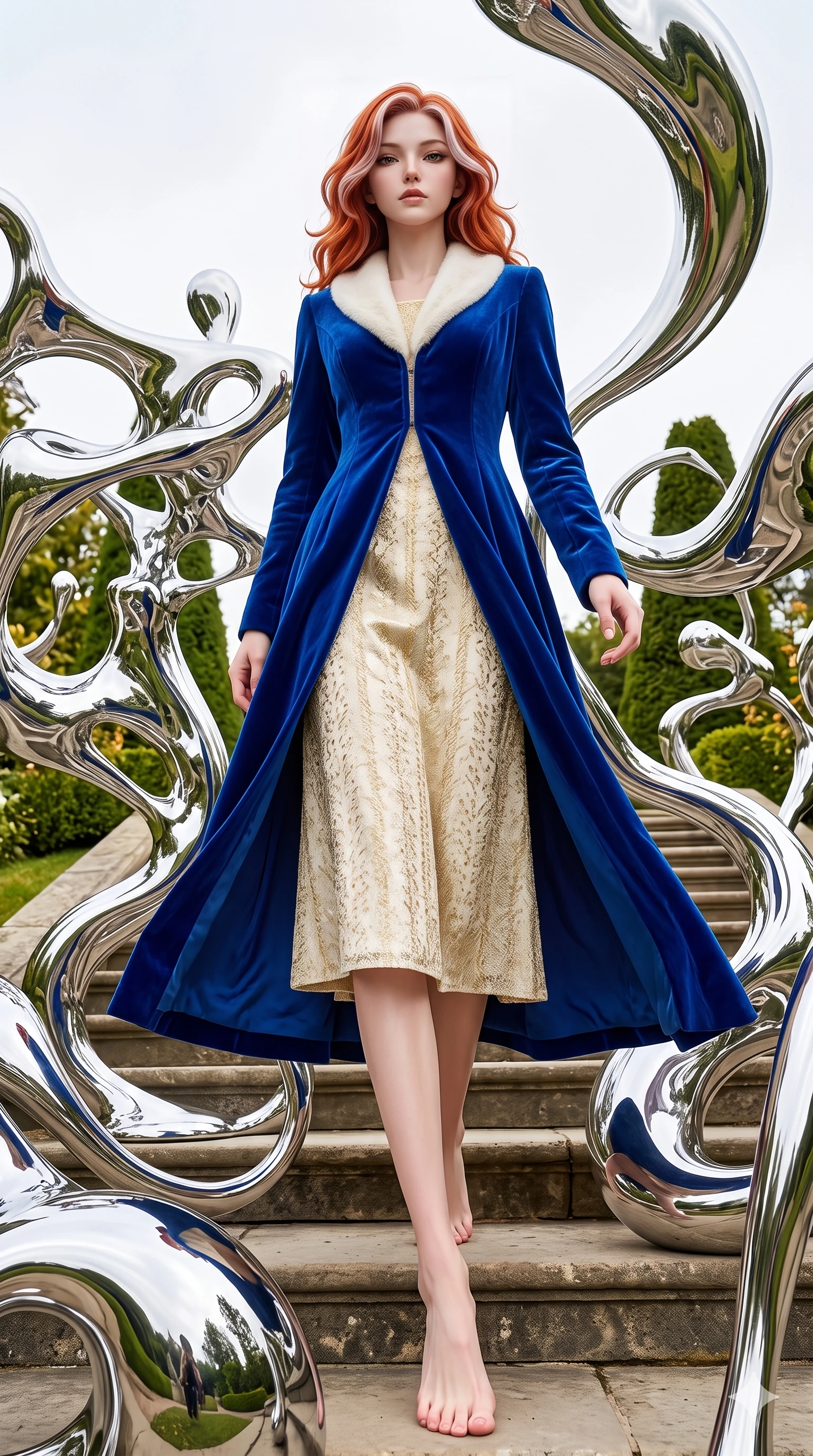 score_9, masterpiece, best quality, ultra-detailed, high-budget anime keyframe, editorial fashion photography, tasteful artistic composition, Caucasian woman, strictly human ears. low angle full-body shot from head to toe showing her feet, filling the entire 9:16 vertical frame with her statuesque presence, stretching her vertical silhouette. ascending with powerful grace through a manicured garden filled with abstract sculptures made of living liquid chrome that constantly shift and reshape themselves reflecting and distorting the surrounding landscape in mercurial curves. She has a statuesque 8.5-heads proportion, an exceptionally tall, slender and willowy model-like build with impossibly long legs and a highly sculpted ultra-slim waist. sharp v-shaped jawline, high-bridge nose, intricate jewel-like eyes with depth, thick eyelashes, glossy lips with a natural sheen. wearing a regal royal blue velvet long coat layered over a gold-threaded cream midi dress, detailed with a soft white collar. bright overcast sky providing even soft light that creates perfect mirror reflections on the chrome surfaces with subtle warm undertones from the garden greenery. 2k, ultra detail, master piece, 9:16 ratio