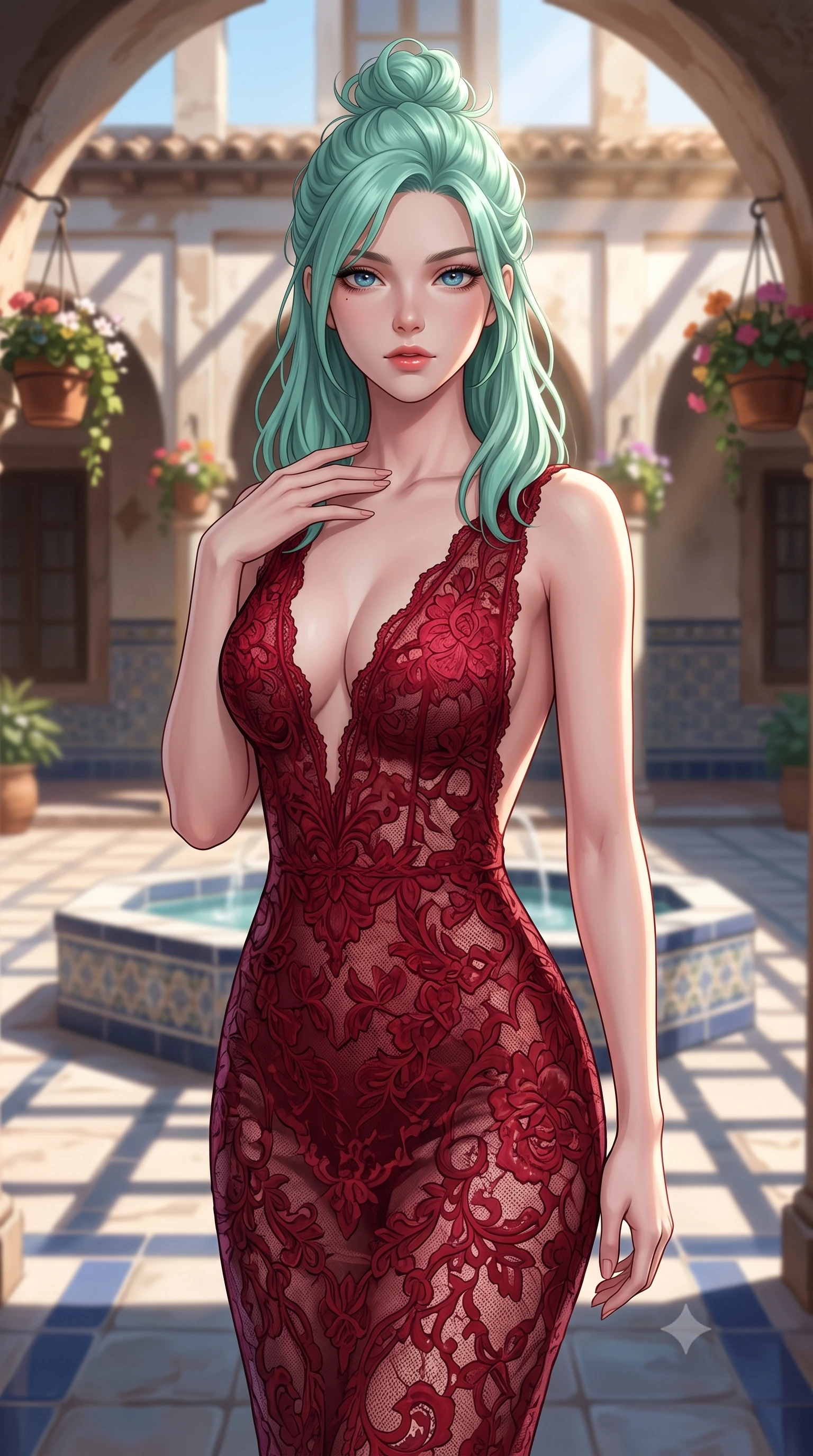 score_9, masterpiece, best quality, ultra-detailed, high-budget anime keyframe, editorial fashion photography, tasteful artistic composition, Japanese woman woman. close-up cowboy shot from the waist and thighs up, the character dominates the composition, filling the frame with her large presence, background elements kept in soft focus. standing with one hand resting on her collarbone, looking at the viewer with bedroom-eyes the background shows a soft-focus a central courtyard with a tiled fountain, arches, and hanging flower pots. She has an exceptionally elegant, slender, and willowy female figure with an ultra-slim waist, a gracefully sculpted slender torso, and a refined silhouette. sharp v-shaped jawline, high-bridge nose, intricate jewel-like eyes with depth, thick eyelashes, glossy lips with a natural sheen. wearing a slim-fit semi-opaque lace dress in crimson red, featuring a plunging V-neckline and open back. bright afternoon sunbeams casting high-contrast arch shadows on the tiled floor. 2k, ultra detail, master piece, 9:16 ratio