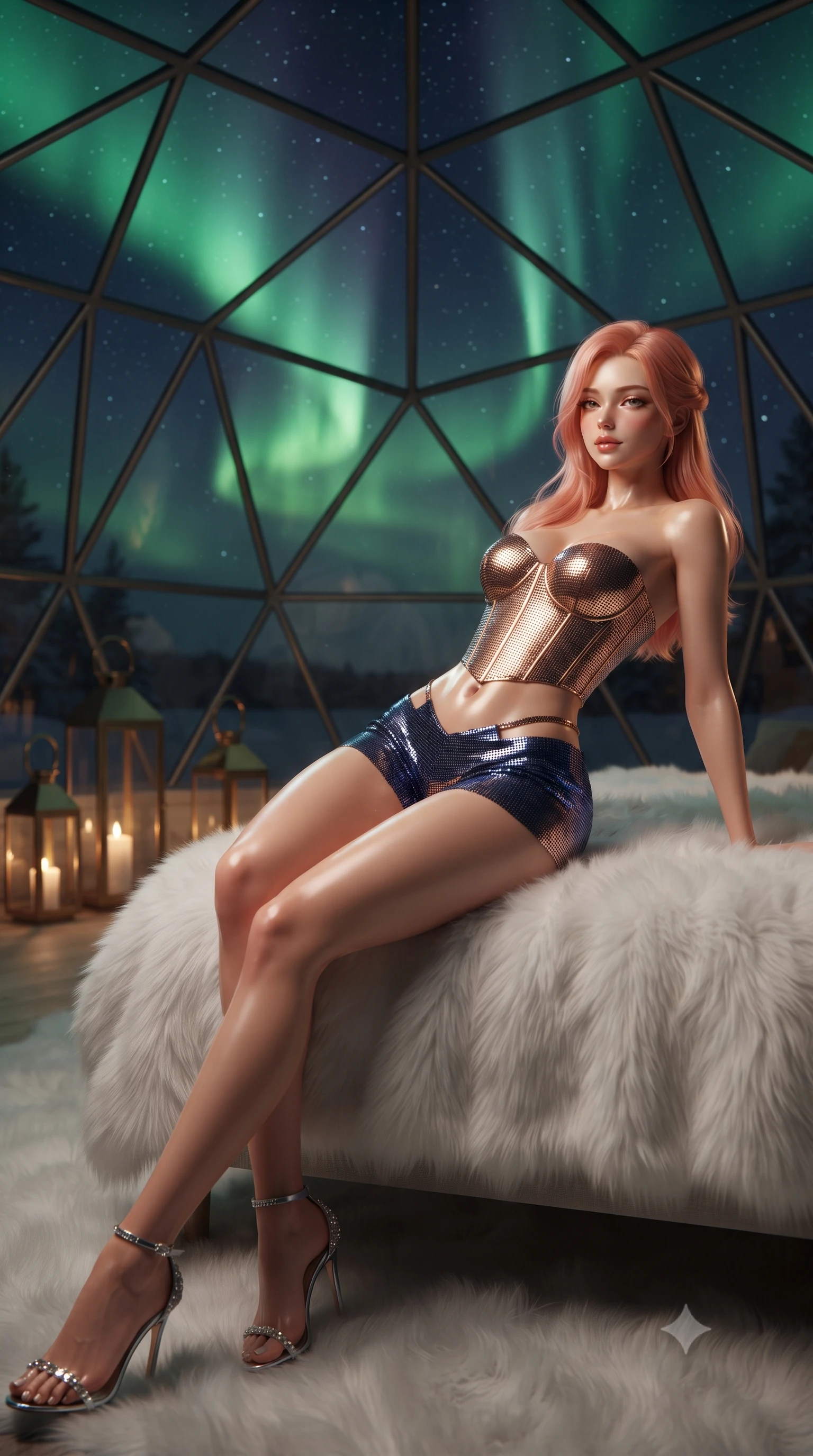 score_9, masterpiece, best quality, ultra-detailed, high-budget anime keyframe, editorial fashion photography, tasteful artistic composition, Japanese woman. low angle full-body shot from head to toe showing her feet, filling the entire 9:16 vertical frame with her statuesque presence, stretching her vertical silhouette. stepping slowly toward the camera with hypnotic grace, hips swaying in an alluring sensual rhythm that accentuates her curvy hourglass silhouette and long slender legs while reclining on the plush white faux-fur daybed under the heated glass geodesic dome, arching her back with breathtaking siren grace as green auroras dance overhead. The background shows a soft-focus interior brass floor lantern glows softened in intimate high-latitude shallow focus. She has an absolutely perfect, statuesque 8.5-heads proportion, an exceptionally tall and slender model-like female figure with impossibly long slender legs, an ultra-slim waist, a flat toned midriff, narrow delicate ribcage, and beautifully sculpted feminine hips creating a graceful, slim hourglass silhouette without any bulky heaviness. sharp v-shaped jawline, high-bridge nose, sparkling eyes with hypnotic seductive depth, thick curled eyelashes, glossy parted lips with a natural dewy peach sheen, alluring bedroom-eyes with an enchanting coquettish smile, exuding magnetic siren charisma and sophisticated glamour, flawlessly proportioned anatomical accuracy, strict slender model proportions, natural body alignment, perfectly sculpted long slender limbs, ultra-slim waistline, clean dynamic posture without body distortion. wearing a strapless boned satin corset bodice paired with low-waisted tailored satin hot-pants in molten liquid bronze and deep sapphire navy, crafted from shimmering fluid chainmail mesh reflecting ambient lights, complemented by strappy stiletto sandals with crystal ankle wraps accentuating her slender calves, the glove-like clinging cut tightly following the natural contour of her hips and long slender legs with youthful 8.5-heads elegance. illuminated by snowy ground reflection fill and sharp icy-platinum rim lights defining her razor-sharp jawline, narrow waist, and curvy hips. ultra-reflective glossy finish, specular highlights, rich textural contrasts, high-contrast stereoscopic depth, volumetric dynamic lighting, 2k, ultra detail, master piece, 9:16 ratio