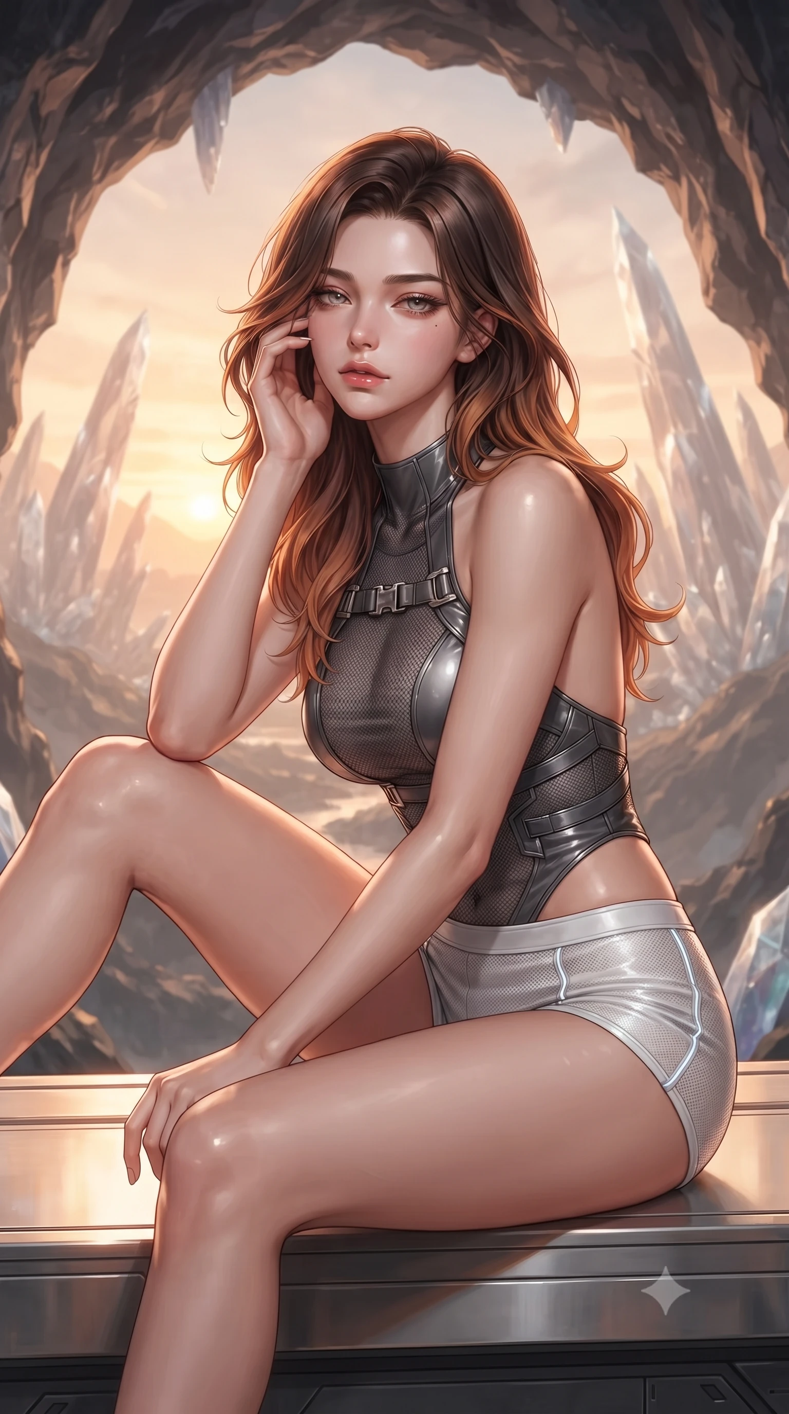 score_9, masterpiece, best quality, ultra-detailed, high-budget anime keyframe, editorial fashion photography, tasteful artistic composition, Korean woman. close-up cowboy shot from the waist and thighs up, the character dominates the composition, filling the frame with her large presence, background elements kept in soft focus. gently touching the side of her temple, casting a heavy-lidded, sultry look past the camera, the background shows a soft-focus a crystal spires valley view from a high cavern opening in a mountain cliff. She has an exceptionally elegant, slender, and willowy female figure with an ultra-slim waist, a gracefully sculpted slender torso, and a refined silhouette. sharp v-shaped jawline, high-bridge nose, intricate jewel-like eyes with depth, thick eyelashes, glossy lips with a natural sheen. wearing a form-contouring backless combat halter top in charcoal grey, paired with white carbon-mesh micro-shorts. warm sunset light from a distant binary sun, casting a peaceful orange wash. ultra-reflective glossy finish, specular highlights, metallic sheen, high-contrast stereoscopic depth, volumetric dynamic lighting, 2k, ultra detail, master piece, 9:16 ratio