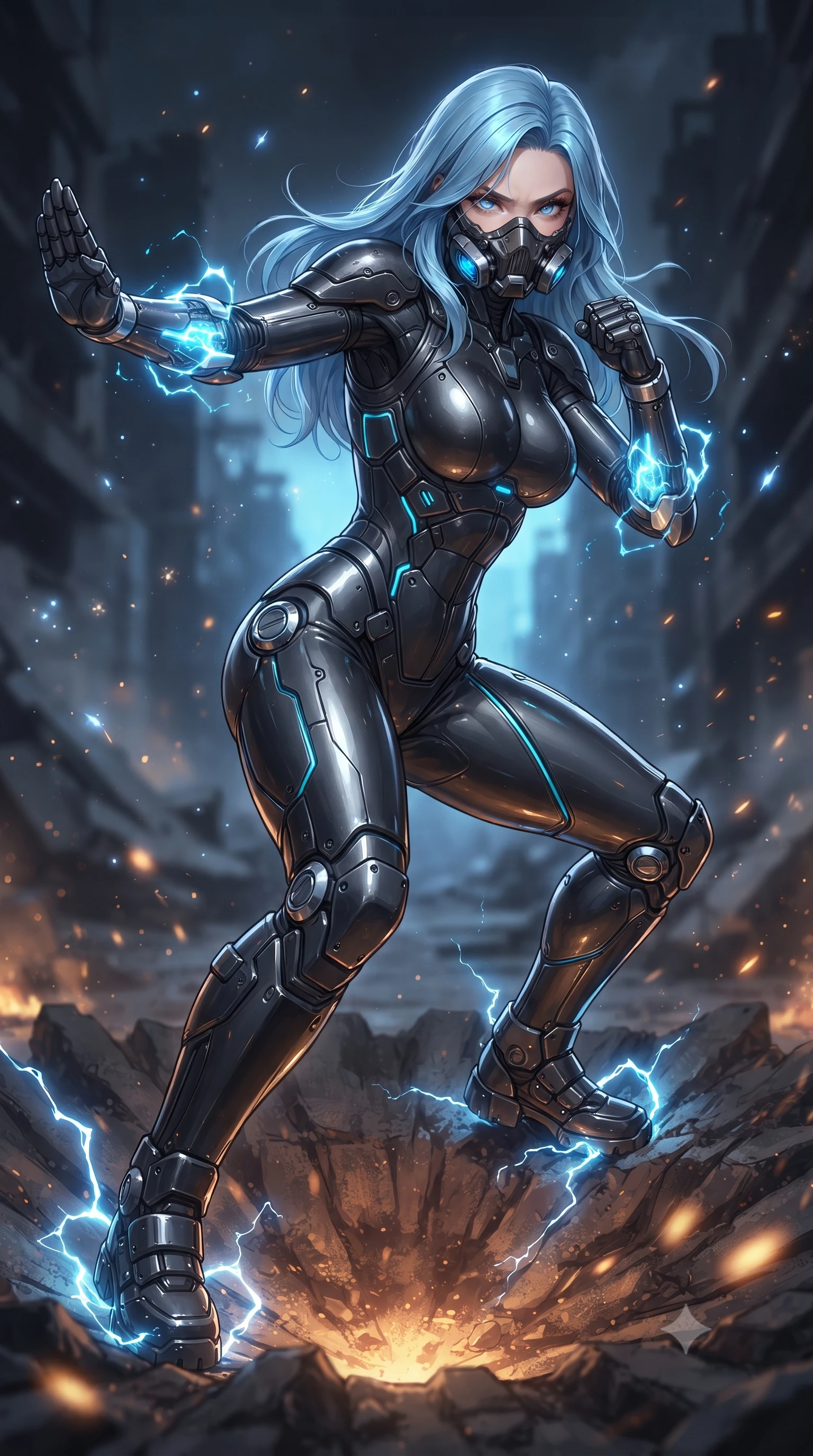 score_9, masterpiece, best quality, ultra-detailed, high-budget anime keyframe, editorial fashion photography, tasteful artistic composition, Korean woman. close-up cowboy shot from the waist and thighs up, the character dominates the composition, filling the frame with her large presence. twisting her upper body in a dynamic S-curve martial arts stance, cybernetic elbow dampers glowing with blue energy as she aims a focused palm strike while landing gracefully in the crater of a massive electromagnetic EMP blast as dying blue lightning arcs ground through her boots. The composition keeps background elements in soft focus with creamy bokeh. sparkling electrical plasma motes scattering celestial brilliance across a dark ruined backdrop. She has an exceptionally elegant, slender, and willowy female figure with an ultra-slim waist, a gracefully sculpted slender torso, toned flat midriff, and a refined slim silhouette. sharp v-shaped jawline, high-bridge nose, intricate jewel-like eyes with depth, thick eyelashes, glossy lips with a natural sheen, fierce and resolute heroine expression, flawlessly proportioned anatomical accuracy, strict slender model proportions, natural body alignment, perfectly sculpted long slender limbs, ultra-slim waistline, clean dynamic posture without body distortion. wearing a sleek titanium half-face combat rebreather guard protecting her lower jaw while leaving her expressive eyes and long hair flowing freely, paired with an ultra-sleek high-gloss carbon-composite exoskeleton suit featuring kinetic shock-absorbing shin guards and flexible limb articulation joints in matte battle-worn obsidian carbon with electric cyan hazard conduits, made of lightweight aerodynamic carbon-titanium alloy with precision-beveled armor seams, detailed with kinetic shock-dampening knuckle guards and polished chrome connection joints, the sleek second-skin cut tightly hugging her graceful clavicle, narrow waist, and feminine curves with athletic precision. bathed in blinding blue EMP lightning flash backlighting and warm amber crater ember glow. ultra-reflective glossy finish, specular highlights, dark metallic sheen, high-contrast stereoscopic depth, volumetric dynamic lighting, 2k, ultra detail, master piece, 9:16 ratio