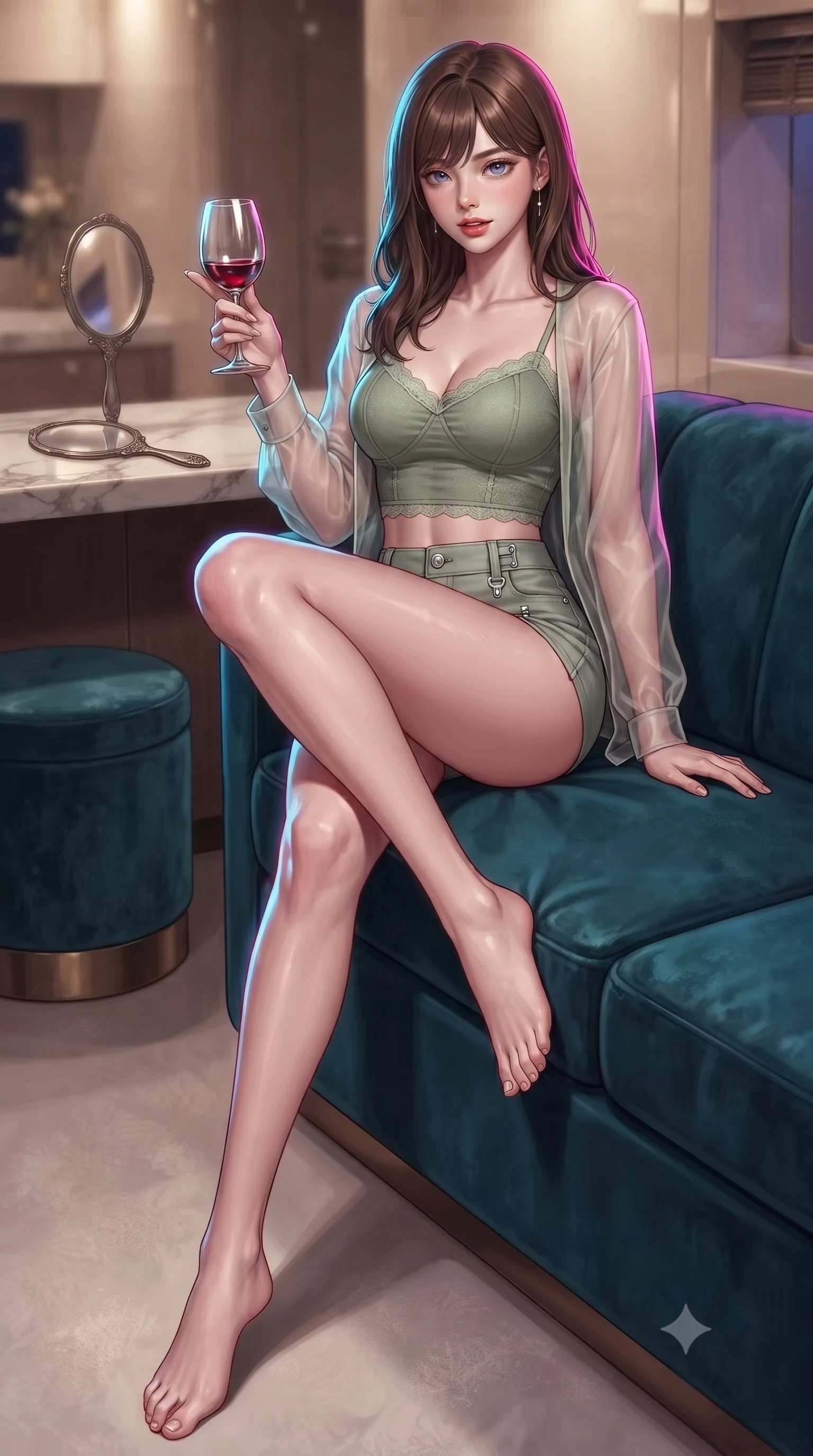 score_9, masterpiece, best quality, ultra-detailed, high-budget anime keyframe, editorial fashion photography, tasteful artistic composition, Korean woman. low angle full-body shot from head to toe showing her feet, filling the entire 9:16 vertical frame with her statuesque presence, stretching her vertical silhouette. sitting on a plush velvet sofa with her long slender legs crossed elegantly, gesturing cutely with a wine glass set against a soft-focus background of inside an exclusive yacht cabin with a velvet-wrapped stool and an antique hand mirror resting on a marble counter. She has an absolutely perfect, statuesque 8.5-heads proportion, an exceptionally tall and slender model-like female figure with impossibly long slender legs and an ultra-slim waist. sharp v-shaped jawline, high-bridge nose, intricate jewel-like eyes with depth, thick eyelashes, glossy lips with a natural sheen. wearing slim-fit sage green contouring mesh delicate lace-trim crop top worn under a sheer organza cardigan with high-waist micro-shorts accented with delicate silver hardware. drenched in dramatic neon rim-lighting that traces the sleek contours of her figure. ultra-reflective glossy finish, specular highlights, metallic sheen, high-contrast stereoscopic depth, volumetric dynamic lighting, 2k, ultra detail, master piece, 9:16 ratio