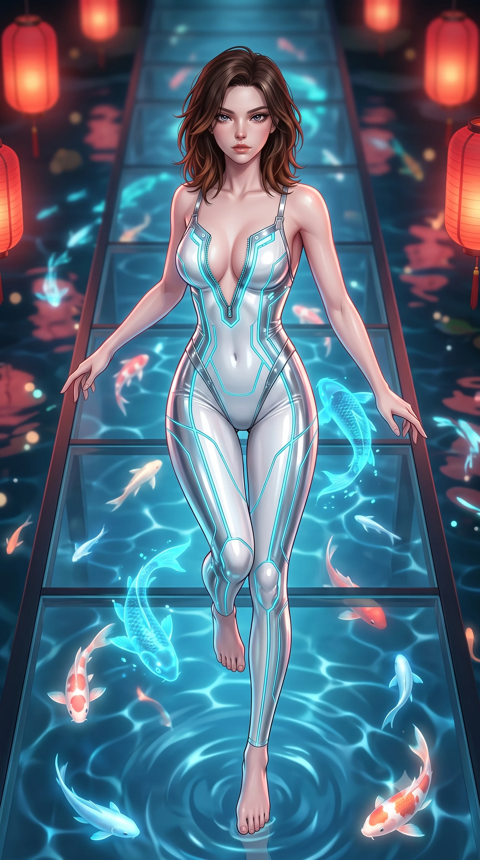 score_9, masterpiece, best quality, ultra-detailed, high-budget anime keyframe, semi-realistic 3D game render, editorial fashion photography, tasteful artistic composition, Korean woman. low angle full-body shot from head to toe showing her feet, filling the entire 9:16 vertical frame with her statuesque presence, stretching her vertical silhouette. performing an alluring mid-air vault with flawless poise, looking directly into the camera with smoldering intensity while stepping along a floating glass bridge over an illuminated pond filled with swimming light fish. The composition keeps background elements in soft focus with creamy bokeh. glowing water ripples creating soft, undulating light patterns across the backdrop. She has an absolutely perfect, statuesque 8.5-heads proportion, an exceptionally tall and slender model-like female figure with impossibly long slender legs and an ultra-slim waist. sharp v-shaped jawline, high-bridge nose, intricate jewel-like eyes with depth, thick eyelashes, glossy lips with a natural sheen, flawlessly proportioned anatomical accuracy, natural body alignment, perfectly sculpted elegant limbs, clean dynamic posture without body distortion. wearing a liquid chrome micro-bodysuit sculpted tightly to her figure, featuring razor-thin metallic straps and an open back in pure snow white latex and glowing cyan circuit seams, crafted from delicate dark lace interwoven with luminescent micro-fibers, featuring a dangerously unzipped neckline framed by glowing cybernetic accents, the sleek aerodynamic cut emphasizing her magnetic presence and alluring physical grace. bathed in warm crimson lantern glow and cool cyan holographic koi refractions. highly saturated vibrant anime colors, detailed shading with soft gradients, rich glossy textures, high-contrast stereoscopic depth, volumetric dynamic lighting, master piece, 9:16 ratio