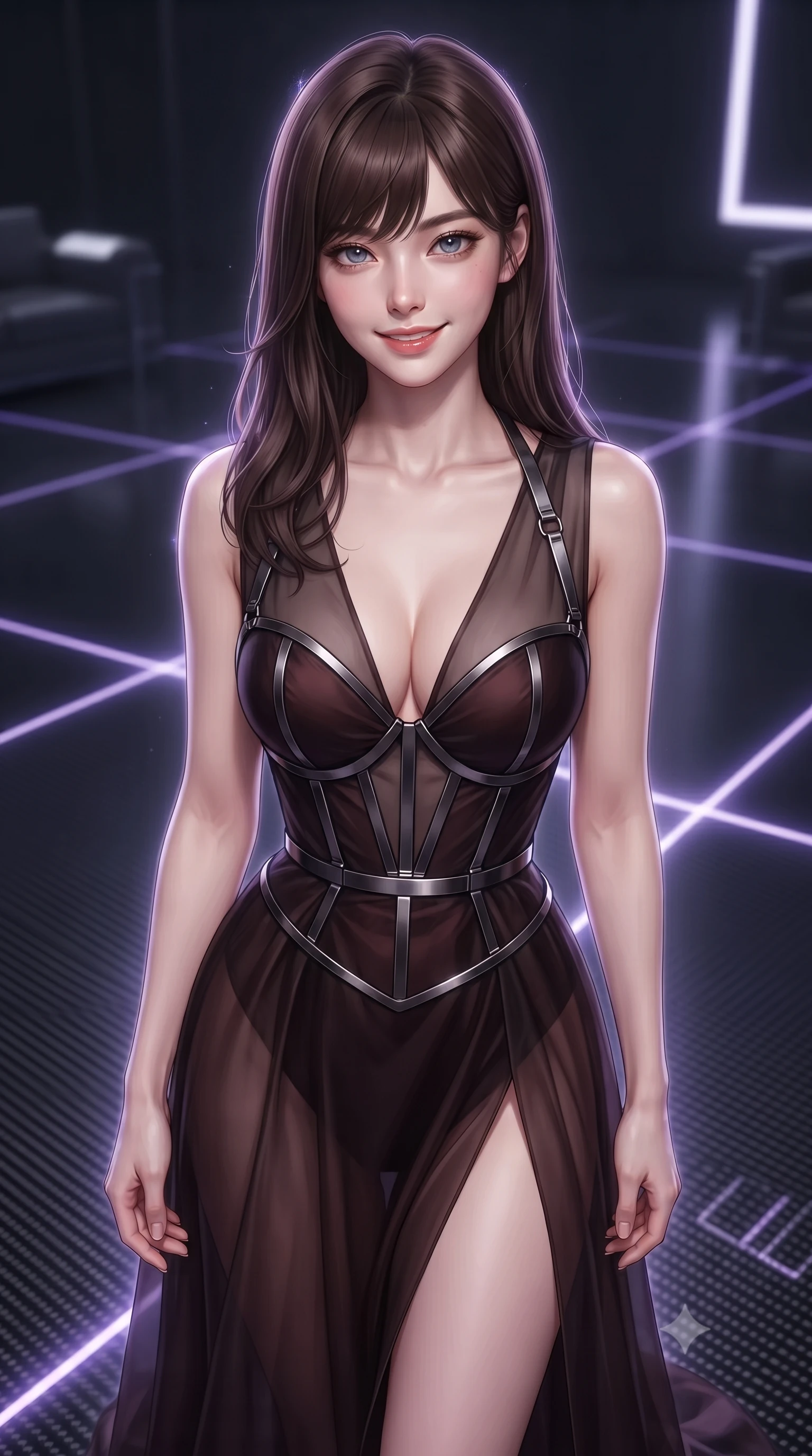 score_9, masterpiece, best quality, ultra-detailed, high-budget anime keyframe, editorial fashion photography, tasteful artistic composition, Korean woman. close-up cowboy shot from the waist and thighs up, the character dominates the composition, filling the frame with her large presence, background elements kept in soft focus. Smiling with quiet, magnetic self-assurance directly into the camera, poised on a dark carbon-fiber floor surrounded by glowing violet laser grid lines, ultra-modern futuristic luxury fashion composition. She has an exceptionally elegant, slender, and willowy female figure with an ultra-slim waist, a gracefully sculpted slender torso, and a refined silhouette. sharp v-shaped jawline, high-bridge nose, intricate jewel-like eyes with depth, thick eyelashes, glossy lips with a natural sheen. wearing low-cut gothic structured bodice gown with high leg slit in dark mahogany, made of sheer dark organza overlay, highlighted by a gunmetal metallic harness structure, highlighting her statuesque proportions and ultra-slim waistline. surrounded by a glowing matrix aura with sharp edge highlights. ultra-reflective glossy finish, specular highlights, metallic sheen, high-contrast stereoscopic depth, volumetric dynamic lighting, 2k, ultra detail, master piece, 9:16 ratio