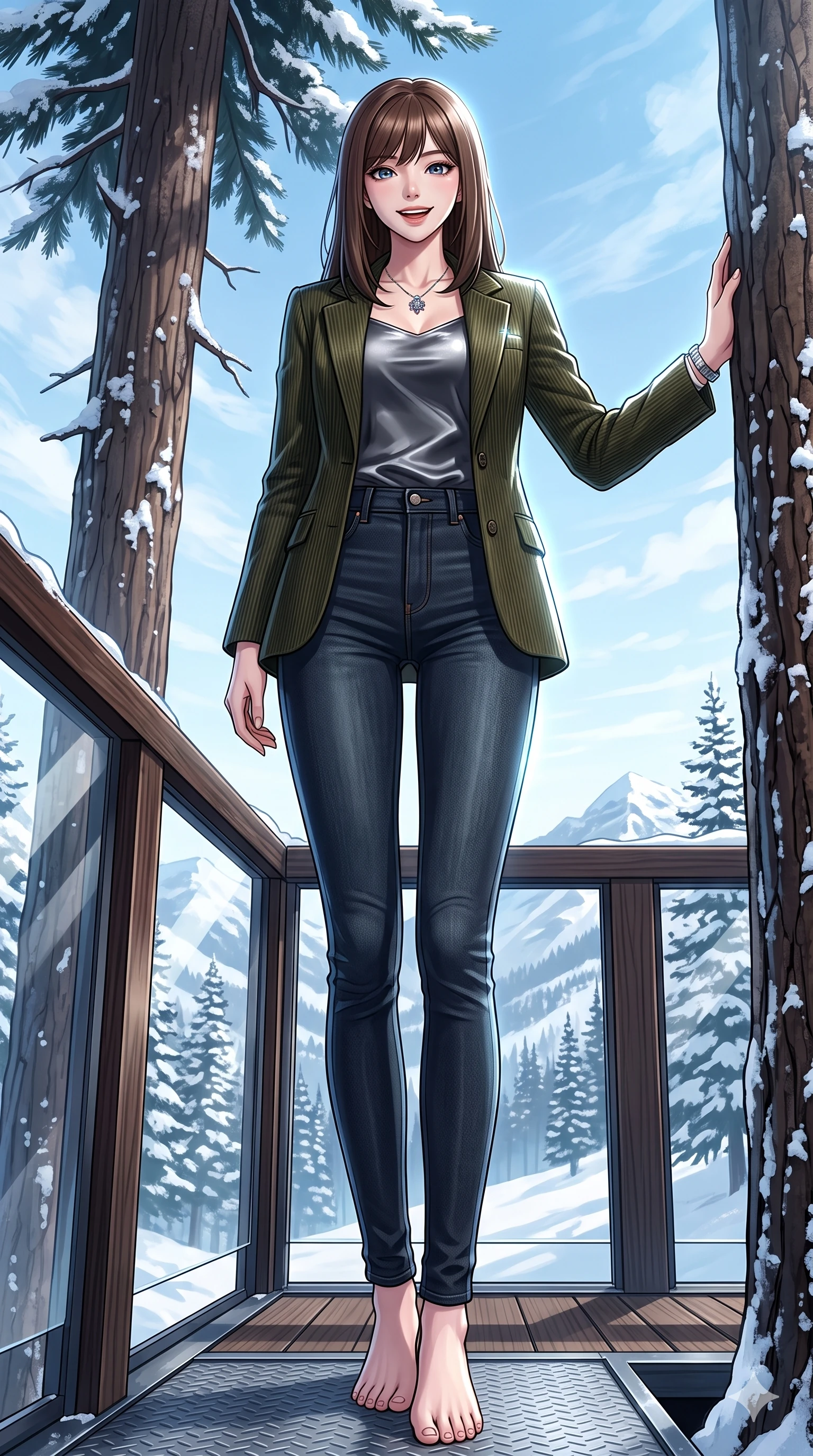 score_9, masterpiece, best quality, ultra-detailed, high-budget anime keyframe, vibrant anime aesthetic, Korean woman. low angle full-body shot from head to toe showing her feet, filling the entire 9:16 vertical frame with her statuesque presence, stretching her vertical silhouette. She is posing with a playful, lively grin, leaning one hand against a snow pine on an open-air luxury train observation deck under a clear winter sky (Code-P21-032). She has an absolutely perfect 8-heads proportion, an exceptionally tall and slender female figure with impossibly long slender legs and an ultra-slim waist. V-shaped jawline, high-bridge nose, intricate jewel-like eyes with depth, thick eyelashes, glossy lips with a natural sheen. wearing a tailored corduroy blazer over a satin top and jeans in winter. She is cool, bright winter sky reflections from all sides, outlining her tall slender figure. 2k, ultra detail, master piece, 9:16 ratio