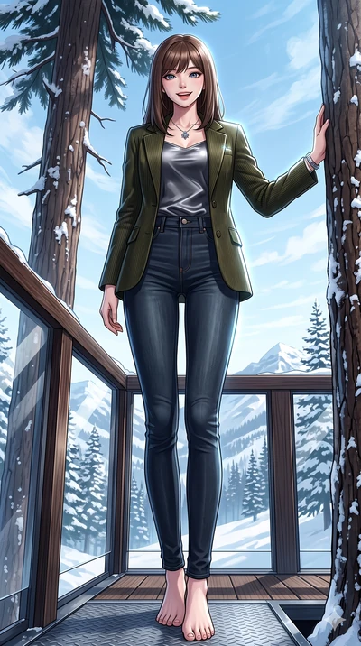 score_9, masterpiece, best quality, ultra-detailed, high-budget anime keyframe, vibrant anime aesthetic, Korean woman. low angle full-body shot from head to toe showing her feet, filling the entire 9:16 vertical frame with her statuesque presence, st