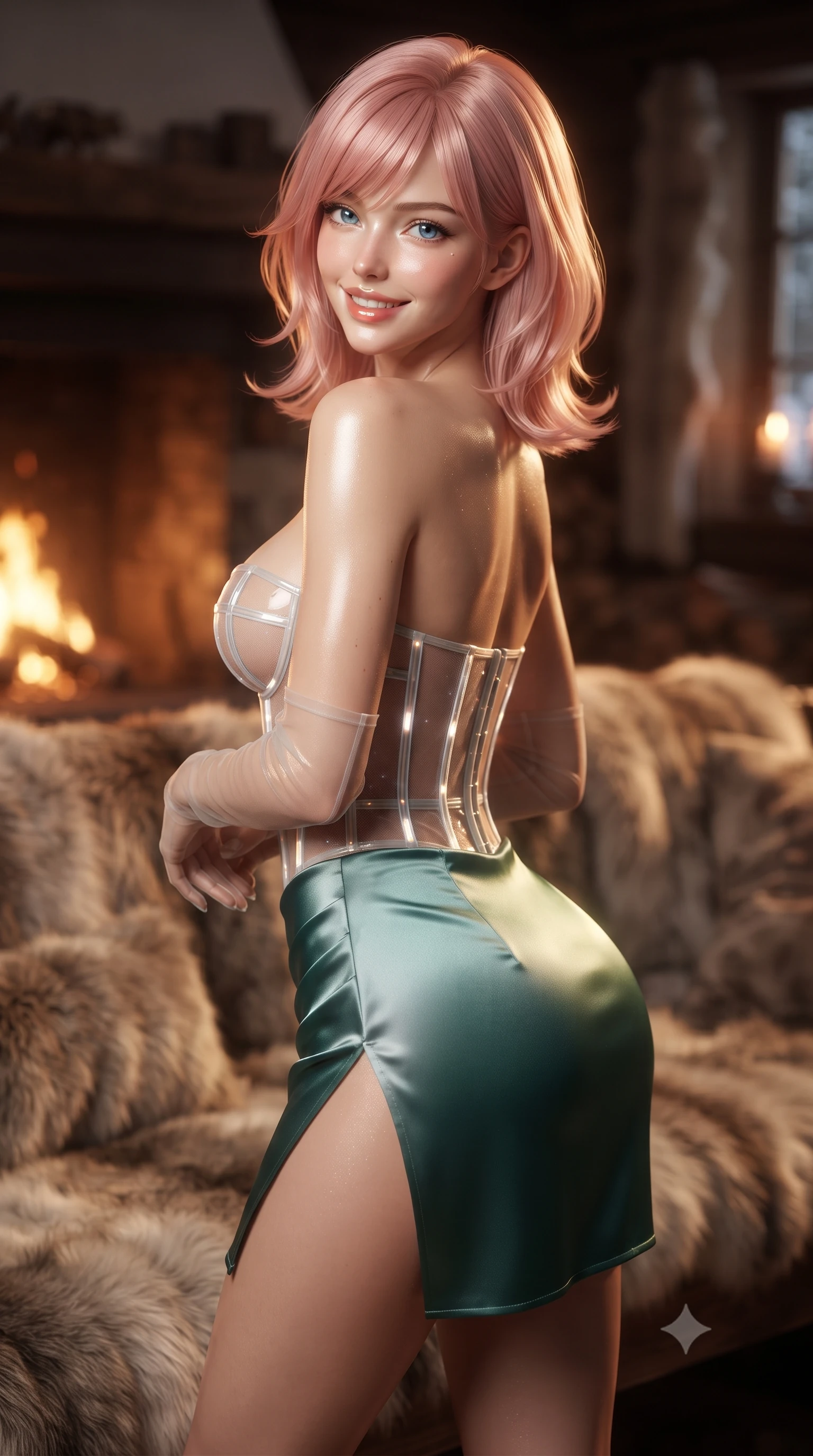 score_9, masterpiece, best quality, ultra-detailed, high-budget anime keyframe, editorial fashion photography, tasteful artistic composition, Japanese woman. close-up cowboy shot from the waist and thighs up, the character dominates the composition, filling the frame with her large presence. posing in an alluring rear three-quarter angle, looking over a bare shoulder with parted glossy lips, her hips cocked back to highlight her slim hourglass curve while twisting her slender torso in an alluring S-curve beside the fur-draped banquette, glowing firelight caressing her dewy skin and flat midriff. The background shows a soft-focus cascading fur throws softened in cozy Scandinavian historic loft shallow focus. She has an exceptionally elegant, slender, and willowy female figure with an ultra-slim waist, flat toned midriff, narrow ribcage, and sculpted feminine hips creating an alluring, slim hourglass silhouette without bulk. sharp v-shaped jawline, high-bridge nose, intricate jewel-like sparkling eyes with depth, thick eyelashes, glossy parted lips with a natural peach sheen, bright cheerful beaming smile with an enchanting and coquettish sensual glint, exuding both youthful cute charm and seductive allure, flawlessly proportioned anatomical accuracy, strict slender model proportions, natural body alignment, perfectly sculpted long slender limbs, ultra-slim waistline, clean dynamic posture without body distortion. wearing a sculpted underwire cyber-corset in translucent tech-tulle with illuminated boning channels paired with a sheer mini skirt in Nordic aurora emerald green and starlight silver, crafted from fluid liquid silk satin that clings smoothly to her narrow waist and rounded hips with a dewy sheen, complemented by sheer opera-length evening gloves tracing her slender arms, the high-slit wrap tailoring accentuating her ultra-slim waistline and the enchanting curve of her feminine hips with alluring seductive charm. illuminated by timber floor reflection fill and sharp flame-gold rim lights defining her razor-sharp jawline, narrow waist, and curvy hips. ultra-reflective glossy finish, specular highlights, rich textural contrasts, high-contrast stereoscopic depth, volumetric dynamic lighting, 2k, ultra detail, master piece, 9:16 ratio