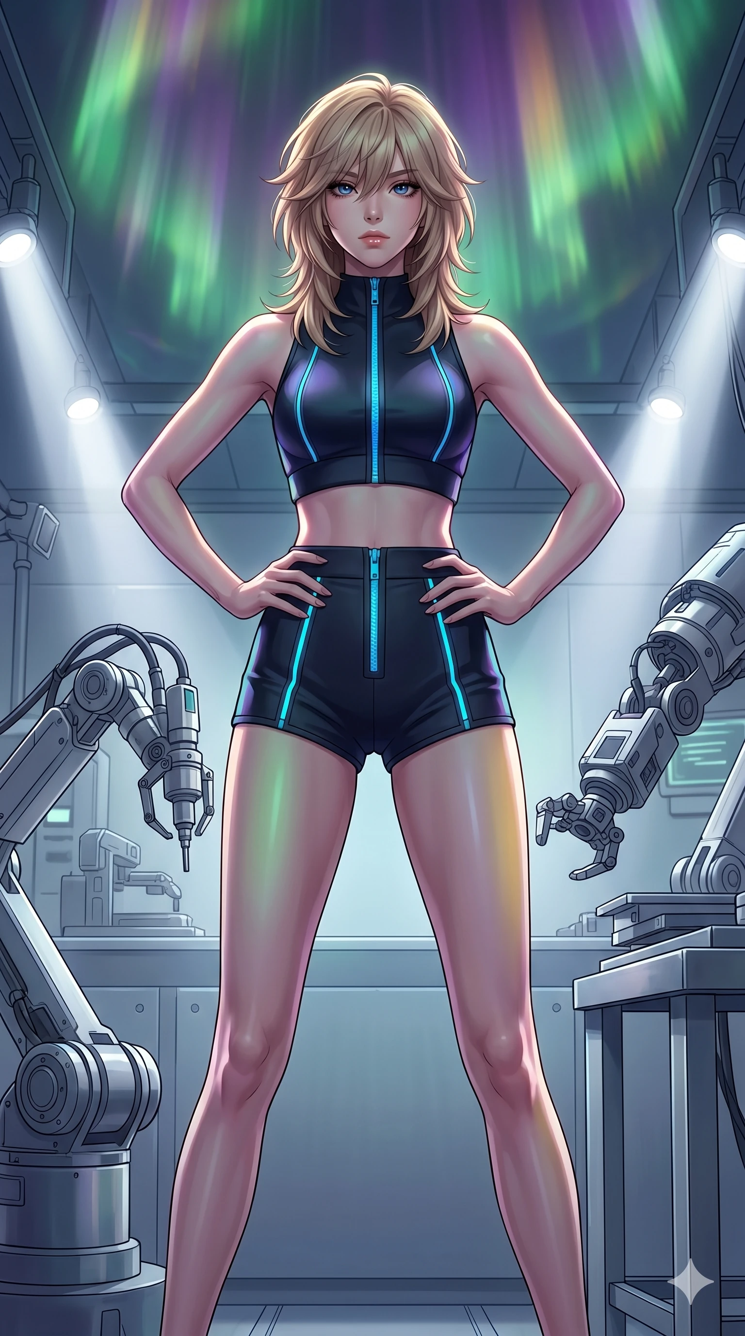 score_9, masterpiece, best quality, ultra-detailed, high-budget anime keyframe, editorial fashion photography, tasteful artistic composition, Japanese woman. cowboy shot from the thighs up, character and outfit filling the frame for maximum editorial presence. Resting both hands on her hips, her posture open and dominant, commanding the frame within a cybernetic cleanroom with robotic arms operating under bright white spotlights. She has an absolutely perfect 8-heads proportion, an exceptionally tall and slender female figure with impossibly long slender legs and an ultra-slim waist. V-shaped jawline, high-bridge nose, intricate jewel-like eyes with depth, thick eyelashes, glossy lips with a natural sheen. wearing a structured neoprene crop top paired with matching high-waist shorts with neon blue zippers. illuminated by a shifting aurora palette of green, violet, and gold from above, wrapping her in color. 2k, ultra detail, master piece, 9:16 ratio