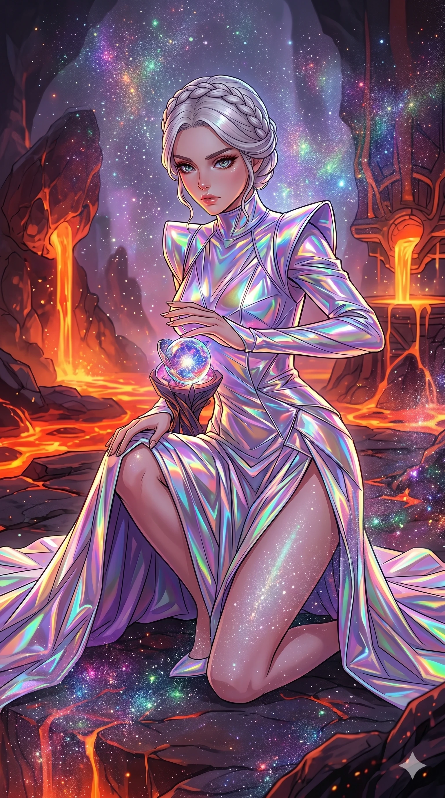 score_9, masterpiece, best quality, ultra-detailed, high-budget anime movie keyframe, cinematic anime lighting, intricate line art, Caucasian (strictly human ears) woman. Upper body filling screen focusing on her alluring features and slim-fit silhouette. defending a sacred relic in a volcanic lava forge in a mist of stardust. She has an absolutely perfect 8-heads proportion, an exceptionally tall and slender female figure with an ultra-slim waist and impossibly long slender legs. sharp v-shaped jawline, high-bridge nose, intricate jewel-like eyes, thick eyelashes, glossy lips. Wearing avant-garde high-fashion gown made of iridescent vinyl with a dangerously high side slit and a elegant neckline, revealing an ultra-slim waist and long slender legs. The scene is illuminated by dramatic atmospheric lighting and vibrant color palettes. , 2k, ultra detail, master piece, 9:16 ratio