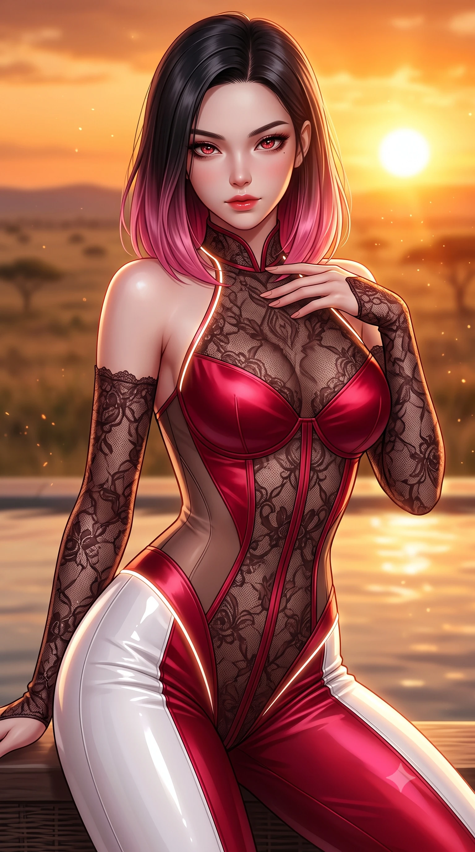 score_9, masterpiece, best quality, ultra-detailed, high-budget anime keyframe, semi-realistic 3D game render, editorial fashion photography, tasteful artistic composition, Korean woman. close-up cowboy shot from the waist and thighs up, the character dominates the composition, filling the frame with her large presence. leaning forward with a dangerous, enticing smolder, resting one hand near her collarbone while casting a fiery, magnetic direct gaze while lounging seductively on a private infinity plunge pool terrace of a luxury safari lodge as a blazing orange sun sets over the savannah. The composition keeps background elements in soft focus with creamy bokeh. warm golden hour dust motes scattering radiant sunset glow across a breathtaking wilderness backdrop. She has an exceptionally elegant, slender, and willowy female figure with an ultra-slim waist, a gracefully sculpted slender torso, toned flat midriff, and a refined slim silhouette. sharp v-shaped jawline, high-bridge nose, intricate jewel-like eyes with depth, thick eyelashes, glossy lips with a natural sheen, flawlessly proportioned anatomical accuracy, strict slender model proportions, natural body alignment, perfectly sculpted long slender limbs, ultra-slim waistline, clean dynamic posture without body distortion. wearing a sheer dark lace pattern bodysuit with structured corsetry boning, sheer contouring side panels, and detached lace sleeves in radiant crimson silk and crisp snow white, formed from high-gloss patent material with specular light reflections, accented with glowing fiber-optic seams tracing her collarbones and hip curves, the glove-like aerodynamic second-skin fit tightly clinging to her ultra-slender waist and athletic curves without adding bulk, accentuating her razor-sharp statuesque lines and slim hourglass silhouette. surrounded by an exotic, wild, and intensely magnetic safari luxury lifestyle aura. highly saturated vibrant anime colors, detailed shading with soft gradients, rich glossy textures, high-contrast stereoscopic depth, volumetric dynamic lighting, master piece, 9:16 ratio