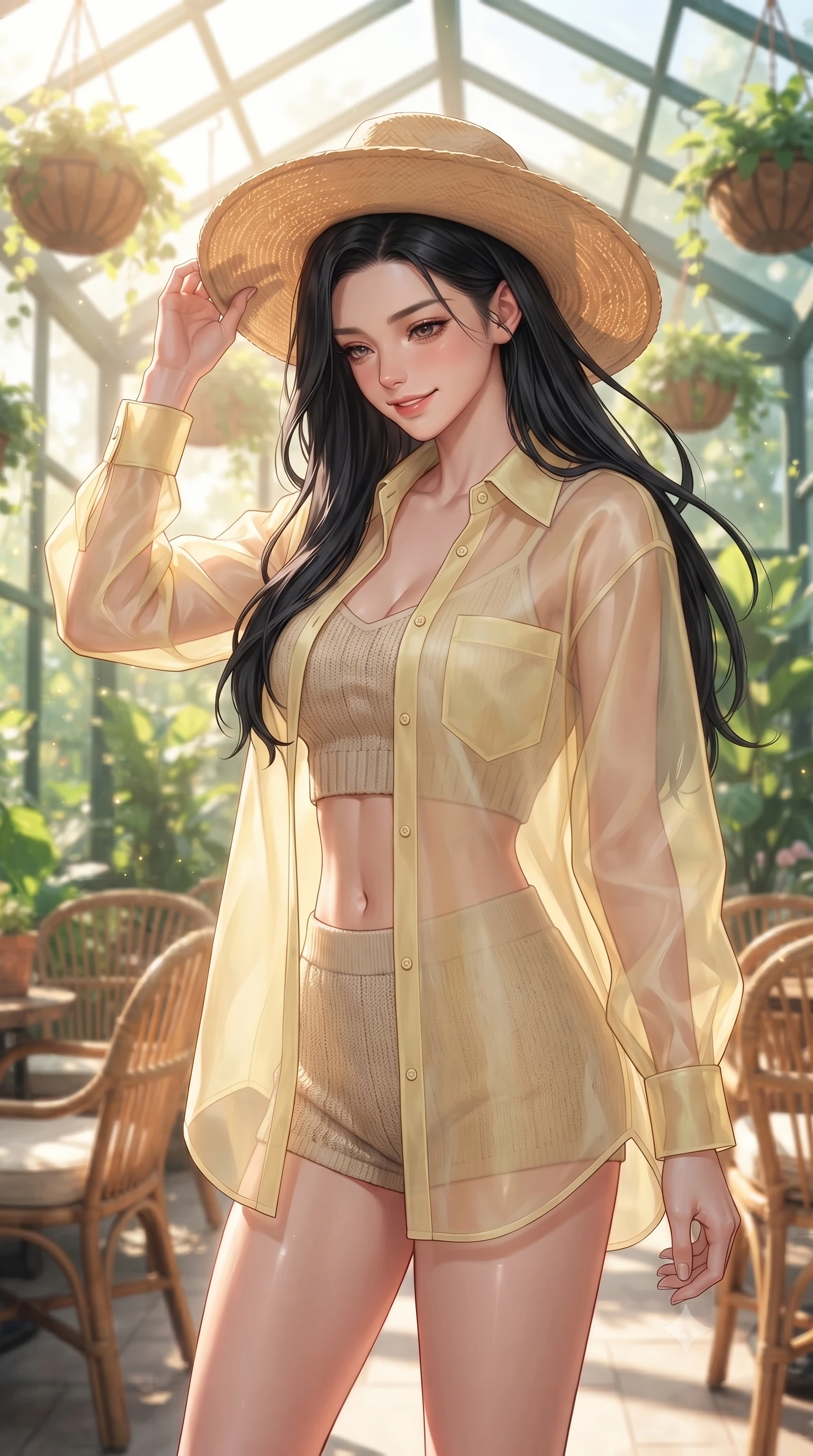 score_9, masterpiece, best quality, ultra-detailed, high-budget anime keyframe, editorial fashion photography, tasteful artistic composition, Korean woman woman. close-up cowboy shot from the waist and thighs up, the character dominates the composition, filling the frame with her large presence, background elements kept in soft focus. holding a wide-brimmed straw hat with both hands against the breeze, looking down with a soft smile the background shows a soft-focus a café situated inside a renovated glass greenhouse, with hanging plant baskets and rattan chairs. She has an exceptionally elegant, slender, and willowy female figure with an ultra-slim waist, a gracefully sculpted slender torso, and a refined silhouette. sharp v-shaped jawline, high-bridge nose, intricate jewel-like eyes with depth, thick eyelashes, glossy lips with a natural sheen. wearing a slim-fit sheer organza shirt in pale yellow worn open over a knit crop top and micro-shorts. bright afternoon sun rays illuminating the entire green space. ultra-reflective glossy finish, specular highlights, metallic sheen, high-contrast stereoscopic depth, volumetric dynamic lighting, 2k, ultra detail, master piece, 9:16 ratio
