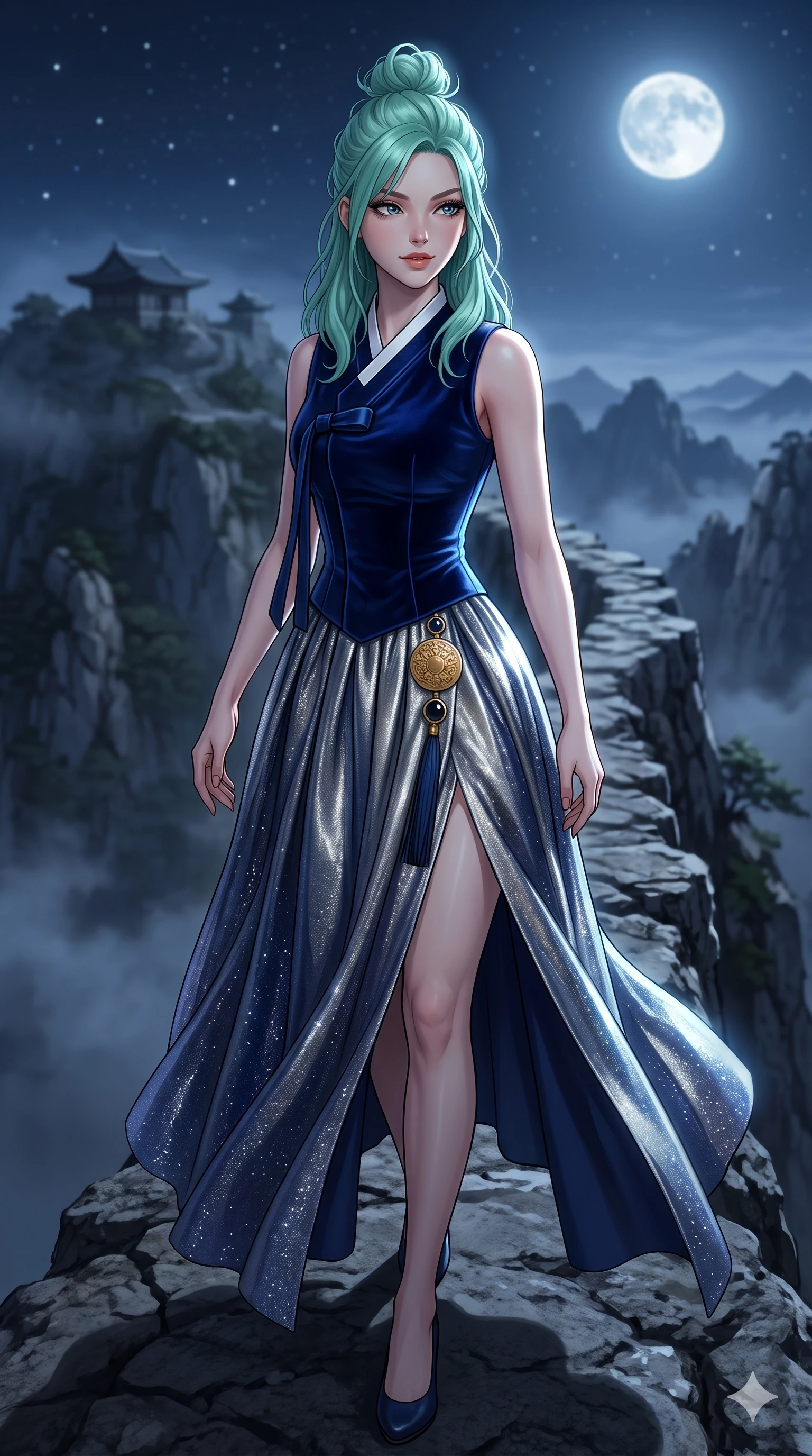 score_9, masterpiece, best quality, ultra-detailed, high-budget anime keyframe, semi-realistic 3D game render, editorial fashion photography, tasteful artistic composition, Japanese woman. close-up cowboy shot from the waist and thighs up, the character dominates the composition, filling the frame with her large presence. twisting her slender torso in a deep contrapposto stance, hips dramatically shifted to accentuate her feminine curves while looking past her shoulder with smoldering bedroom-eyes while walking slowly along the narrow rock ridge with feline poise, hips swaying in an alluring sensual rhythm that accentuates her curvy silhouette. The background shows a soft-focus mountain summit sanctuary softened in high-altitude landscape shallow focus. She has an exceptionally elegant, slender, and willowy female figure with an ultra-slim waist, flat toned midriff, narrow ribcage, and sculpted feminine hips creating an alluring, slim hourglass silhouette without bulk. sharp v-shaped jawline, high-bridge nose, sparkling eyes with hypnotic seductive depth, thick curled eyelashes, glossy parted lips with a natural dewy peach sheen, alluring bedroom-eyes with an enchanting coquettish smile, exuding magnetic siren charisma and sophisticated glamour, flawlessly proportioned anatomical accuracy, strict slender model proportions, natural body alignment, perfectly sculpted long slender limbs, ultra-slim waistline, clean dynamic posture without body distortion. wearing a tailored silk velvet hanbok corset top paired with an ankle-length fluid chima skirt with a thigh-high slit in metallic liquid silver and deep sapphire navy, woven from metallic lurex thread casting radiant starlight glints across her silhouette, accented with an authentic engraved gold medallion and obsidian cabochons, the form-contouring silhouette accentuating her sculpted flat midriff, narrow delicate ribcage, and gracefully curvy hips with intoxicating allure. bathed in crisp, unhindered 6000K mountain full-moon light casting dramatic razor-sharp shadows across the rock face. highly saturated vibrant anime colors, detailed shading with soft gradients, rich glossy textures, high-contrast stereoscopic depth, volumetric dynamic lighting, master piece, 9:16 ratio