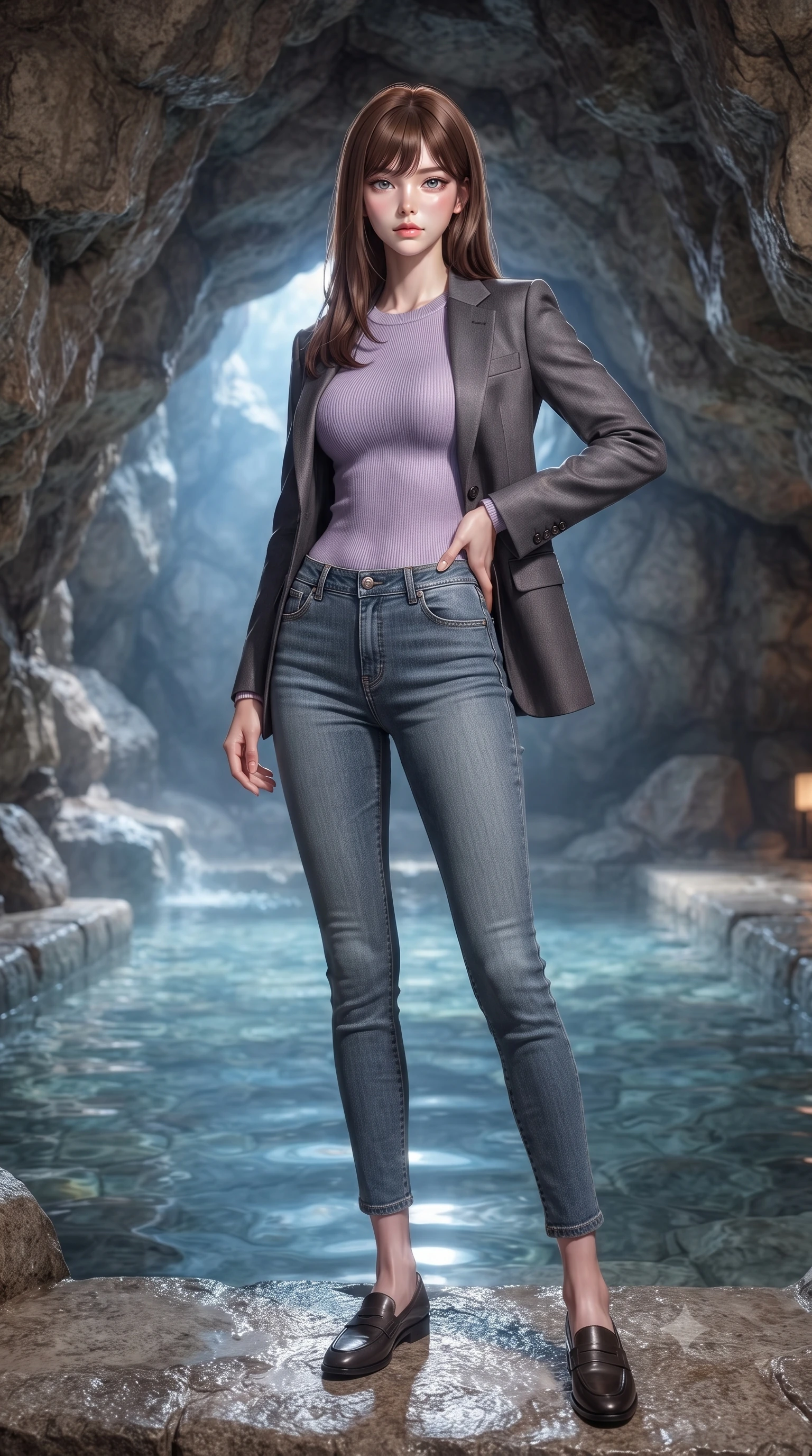 score_9, masterpiece, best quality, ultra-detailed, high-budget anime keyframe, editorial fashion photography, tasteful artistic composition, Korean woman woman. low angle full-body shot from head to toe showing her feet, filling the entire 9:16 vertical frame with her statuesque presence, stretching her vertical silhouette. posing confidently with one hand on her hip, stretching her statuesque body to emphasize her curves the background shows a soft-focus a private stone bath pool built inside a natural rock cave with clear mineral water. She has an absolutely perfect, statuesque 8.5-heads proportion, an exceptionally tall and slender model-like female figure with impossibly long slender legs and an ultra-slim waist. sharp v-shaped jawline, high-bridge nose, intricate jewel-like eyes with depth, thick eyelashes, glossy lips with a natural sheen. wearing a slim-fit tight-fitting lavender knit bodysuit worn under a tailored open blazer and jeans. soft blue light reflecting from the pool water onto the rocky cave ceiling. ultra-reflective glossy finish, specular highlights, metallic sheen, high-contrast stereoscopic depth, volumetric dynamic lighting, 2k, ultra detail, master piece, 9:16 ratio