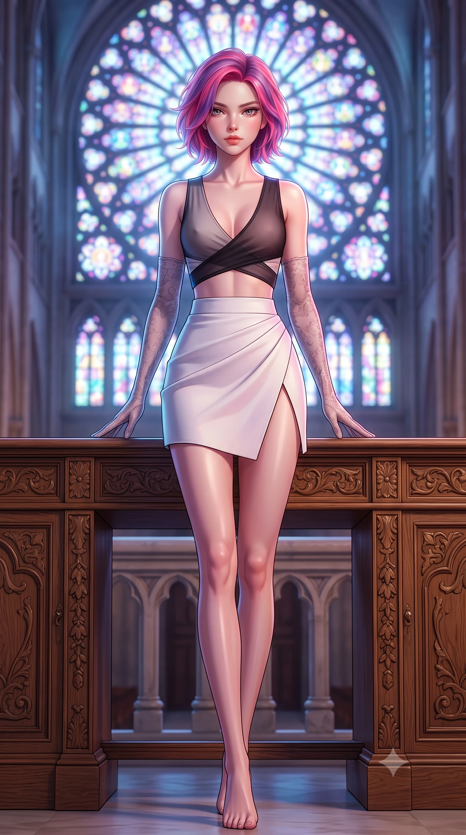 score_9, masterpiece, best quality, ultra-detailed, high-budget anime keyframe, semi-realistic 3D game render, editorial fashion photography, tasteful artistic composition, Caucasian woman. low angle full-body shot from head to toe showing her feet, filling the entire 9:16 vertical frame with her statuesque presence, stretching her vertical silhouette. stepping slowly toward the camera with hypnotic grace, hips swaying in an alluring sensual rhythm that accentuates her curvy hourglass silhouette and long slender legs while leaning against the carved oak console with hips cocked back, looking down into the vast empty nave with smoldering bedroom-eyes. The background shows a soft-focus carved gallery balustrades softened in sacred gothic cathedral shallow focus. She has an absolutely perfect, statuesque 8.5-heads proportion, an exceptionally tall and slender model-like female figure with impossibly long slender legs, an ultra-slim waist, a flat toned midriff, narrow delicate ribcage, and beautifully sculpted feminine hips creating a graceful, slim hourglass silhouette without any bulky heaviness. sharp v-shaped jawline, high-bridge nose, sparkling eyes with hypnotic seductive depth, thick curled eyelashes, glossy parted lips with a natural dewy peach sheen, alluring bedroom-eyes with an enchanting coquettish smile, exuding magnetic siren charisma and sophisticated glamour, flawlessly proportioned anatomical accuracy, strict slender model proportions, natural body alignment, perfectly sculpted long slender limbs, ultra-slim waistline, clean dynamic posture without body distortion. wearing a high-waisted architectural wrap mini skirt with clean structural lines paired with a plunging criss-cross crop top in dual-tone high-contrast avant-garde monochrome, made of semi-opaque stretch illusion mesh with soft shadowy contours, complemented by sheer opera-length lace evening gloves tracing her slender arms, the high-slit wrap tailoring accentuating her ultra-slim waistline and the enchanting curve of her feminine hips with alluring seductive charm. bathed in ethereal jewel-toned moonlight filtering through the colossal stained-glass rose window. highly saturated vibrant anime colors, detailed shading with soft gradients, rich glossy textures, high-contrast stereoscopic depth, volumetric dynamic lighting, master piece, 9:16 ratio