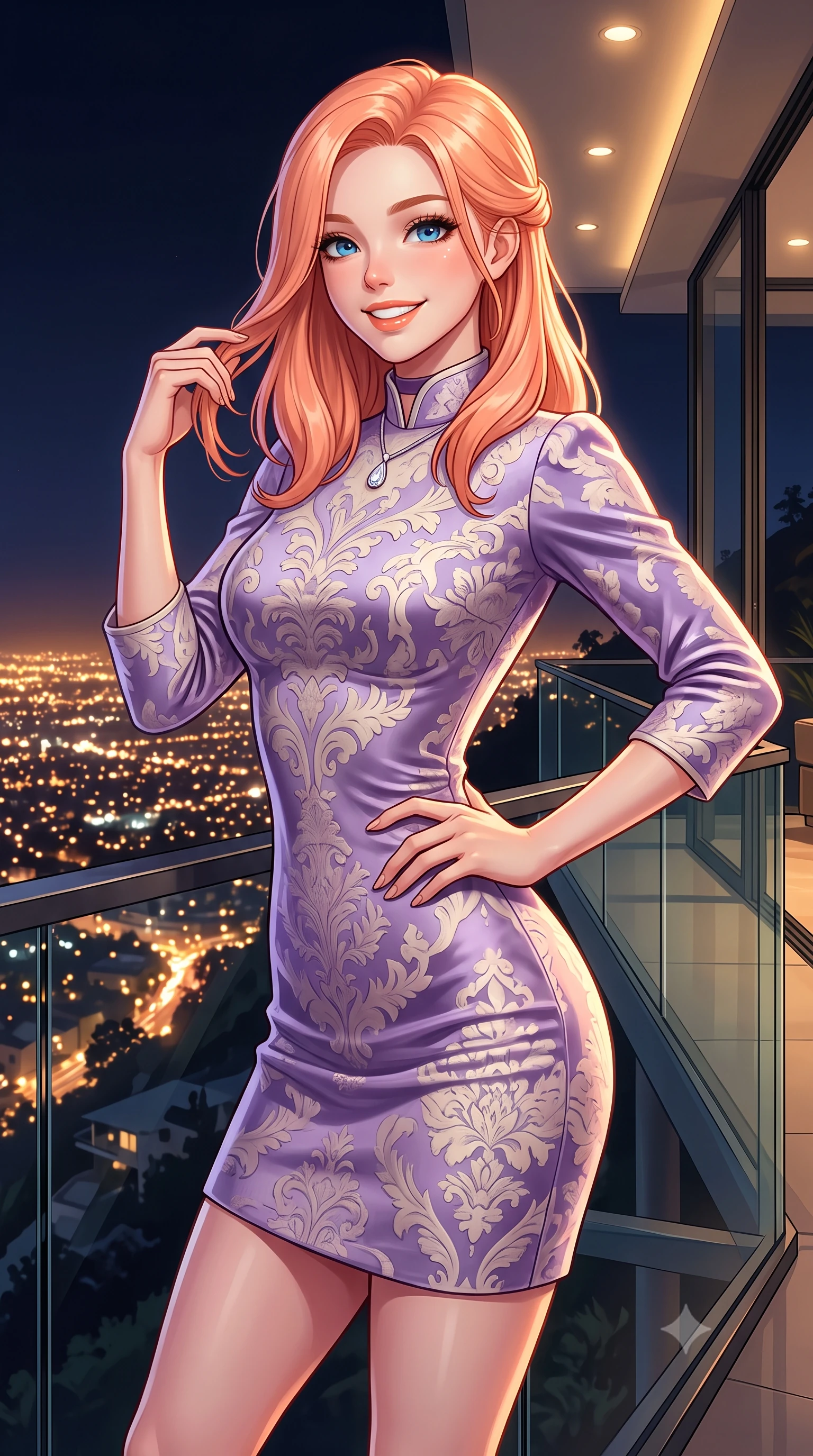 score_9, masterpiece, best quality, ultra-detailed, high-budget anime keyframe, semi-realistic 3D game render, editorial fashion photography, tasteful artistic composition, Japanese woman. close-up cowboy shot from the waist and thighs up, the character dominates the composition, filling the frame with her large presence. twisting her slender torso in an alluring contrapposto stance, one hand resting on her sculpted hip while her fingers toy with her hair with effortless poise while standing poised at the edge of the cantilevered glass balcony suspended high above Sunset Strip, arching her lower back as millions of city lights glitter below. The surrounding environment is rendered in vivid detail and crisp panoramic clarity: detailed outfit tailoring, silhouette contours, and hillside architectural engineering in razor-sharp precision. She has an exceptionally elegant, slender, and willowy female figure with an ultra-slim waist, flat toned midriff, narrow ribcage, and sculpted feminine hips creating an alluring, slim hourglass silhouette without bulk. sharp v-shaped jawline, high-bridge nose, intricate jewel-like sparkling eyes with depth, thick eyelashes, glossy parted lips with a natural peach sheen, bright cheerful beaming smile with an enchanting and coquettish sensual glint, exuding both youthful cute charm and seductive allure, flawlessly proportioned anatomical accuracy, strict slender model proportions, natural body alignment, perfectly sculpted long slender limbs, ultra-slim waistline, clean dynamic posture without body distortion. wearing a refined high-collar French jacquard brocade shift dress with bracelet sleeves in Luberon lavender purple and Provençal limestone cream, tailored from ultra-plush silk velvet with rich tactile depth and deep shadow gradients, finished with a thin velvet ribbon choker and a single teardrop diamond pendant, the impeccably tailored cut draping gracefully along her slender figure with aristocratic poise. bathed in the dramatic contrast of golden city lights below and dim 2800K recessed interior cove downlights. highly saturated vibrant anime colors, detailed shading with soft gradients, rich glossy textures, high-contrast stereoscopic depth, volumetric dynamic lighting, master piece, 9:16 ratio