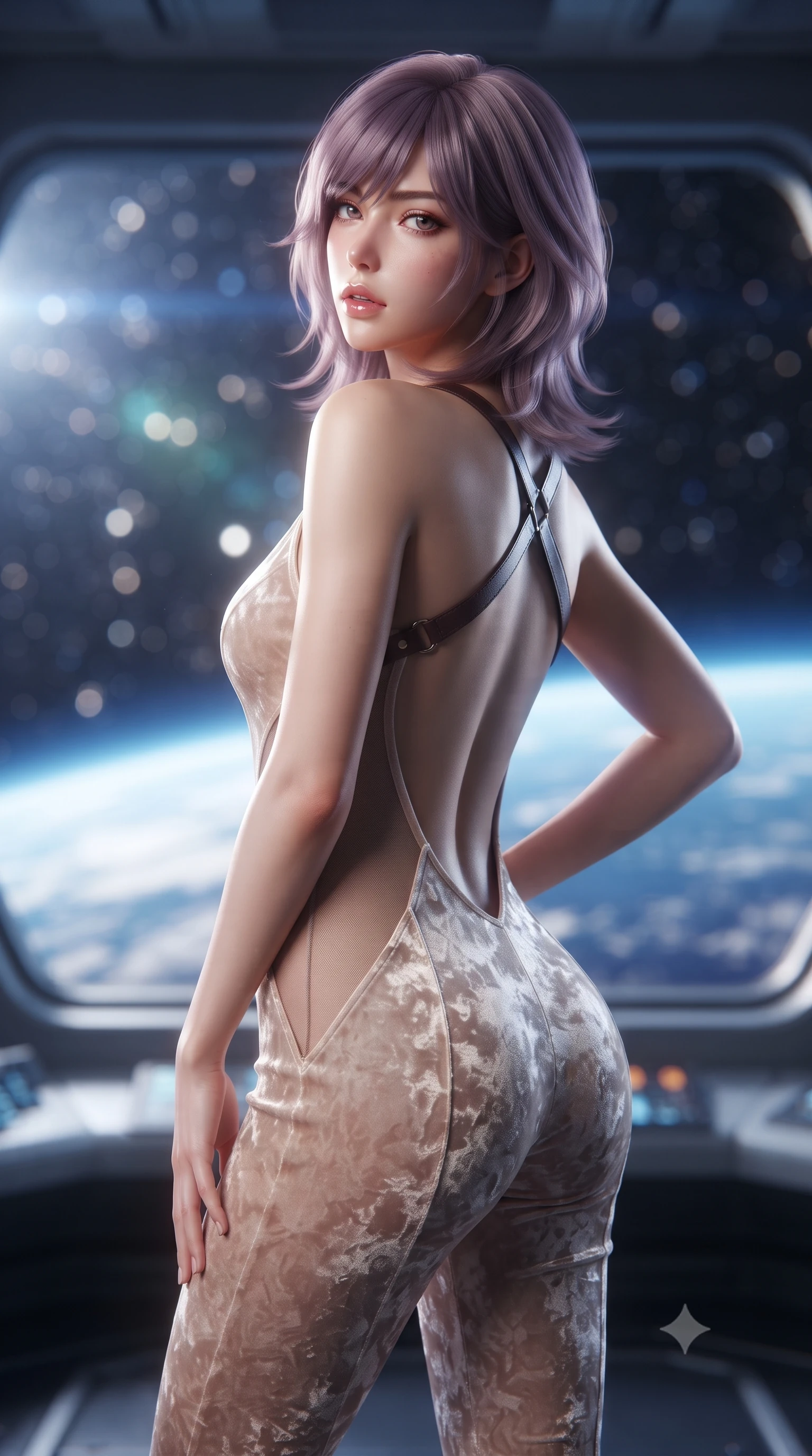 score_9, masterpiece, best quality, ultra-detailed, high-budget anime keyframe, editorial fashion photography, tasteful artistic composition, Japanese woman. close-up cowboy shot from the waist and thighs up, the character dominates the composition, filling the frame with her large presence. posing in an alluring rear three-quarter angle, arching her lower back in a pronounced S-curve with one hand on her hip, glancing seductively over her bare shoulder with parted glossy lips while standing poised against the panoramic quartz-glass viewport, turning in an elegant dancer S-curve as planetary dawn illuminates her willowy silhouette. The composition keeps background elements in soft focus with creamy bokeh. distant glittering starfields and luminous blue Earth atmospheric halos blurred into ethereal sapphire, pearl-white, and deep cosmic indigo bokeh. She has an exceptionally elegant, slender, and willowy female figure with an ultra-slim waist, flat toned midriff, narrow ribcage, and sculpted feminine hips creating an alluring, slim hourglass silhouette without bulk. sharp v-shaped jawline, high-bridge nose, intricate jewel-like eyes with depth, thick eyelashes, glossy parted lips with a natural sheen, intensely captivating and seductive bedroom-eyes expression, flawlessly proportioned anatomical accuracy, strict slender model proportions, natural body alignment, perfectly sculpted long slender limbs, ultra-slim waistline, clean dynamic posture without body distortion. wearing a second-skin compression catsuit with an open back and sheer mesh side waist contouring in vintage champagne ivory and delicate rose gold, crafted from heavyweight crushed silk velvet with liquid vintage luster, featuring an open-back criss-cross harness strap in dark leather, the dramatically scooped open back descending to the base of her spine, accentuating her razor-sharp statuesque lines and slim hourglass silhouette. bathed in ethereal sapphire planet-shine from Earth contrasting with warm amber cabin reading spots. ultra-reflective glossy finish, specular highlights, rich textural contrasts, high-contrast stereoscopic depth, volumetric dynamic lighting, 2k, ultra detail, master piece, 9:16 ratio