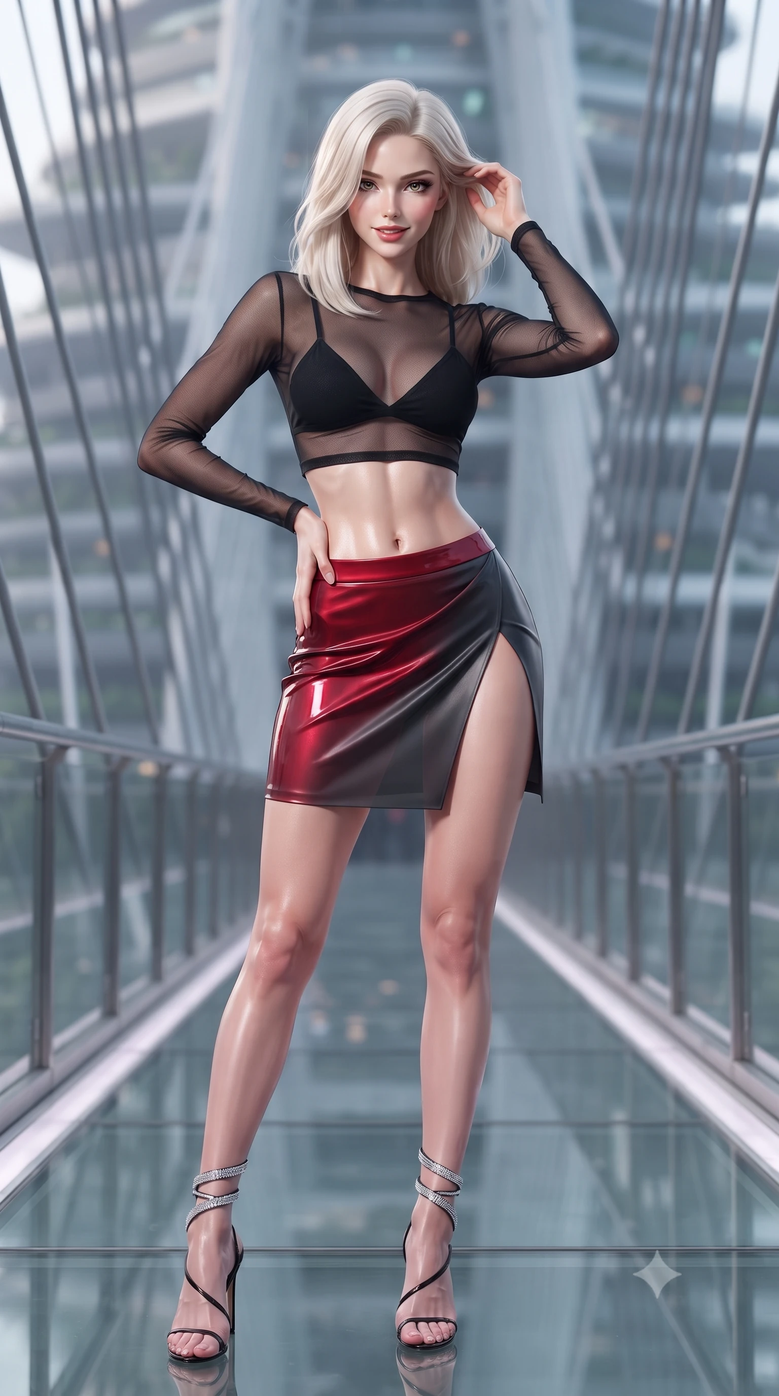 score_9, masterpiece, best quality, ultra-detailed, high-budget anime keyframe, editorial fashion photography, tasteful artistic composition, Caucasian woman. close-up cowboy shot from the waist and thighs up, the character dominates the composition, filling the frame with her large presence. twisting her slender torso in an alluring contrapposto stance, one hand resting on her sculpted hip while her fingers toy with her hair with effortless poise while standing centered on the suspended glass skybridge connecting two hydroponic towers, arching her spine with high-tech siren grace. The background shows a soft-focus suspended bridge structural cables softened in futuristic eco-architecture shallow focus. She has an exceptionally elegant, slender, and willowy female figure with an ultra-slim waist, flat toned midriff, narrow ribcage, and sculpted feminine hips creating an alluring, slim hourglass silhouette without bulk. sharp v-shaped jawline, high-bridge nose, sparkling eyes with hypnotic seductive depth, thick curled eyelashes, glossy parted lips with a natural dewy peach sheen, alluring bedroom-eyes with an enchanting coquettish smile, exuding magnetic siren charisma and sophisticated glamour, flawlessly proportioned anatomical accuracy, strict slender model proportions, natural body alignment, perfectly sculpted long slender limbs, ultra-slim waistline, clean dynamic posture without body distortion. wearing a sheer mesh long-sleeve crop top over an opaque strappy micro-bralette and a sleek leatherette mini skirt in rich cherry lacquer and smoky charcoal, made of semi-opaque stretch illusion mesh with soft shadowy contours, complemented by strappy stiletto sandals with crystal ankle wraps accentuating her slender calves, the high-slit wrap tailoring accentuating her ultra-slim waistline and the enchanting curve of her feminine hips with alluring seductive charm. bathed in specialized ultraviolet and cool daylight grow-lighting arrays mixed with bridge floor LED strips. ultra-reflective glossy finish, specular highlights, rich textural contrasts, high-contrast stereoscopic depth, volumetric dynamic lighting, 2k, ultra detail, master piece, 9:16 ratio