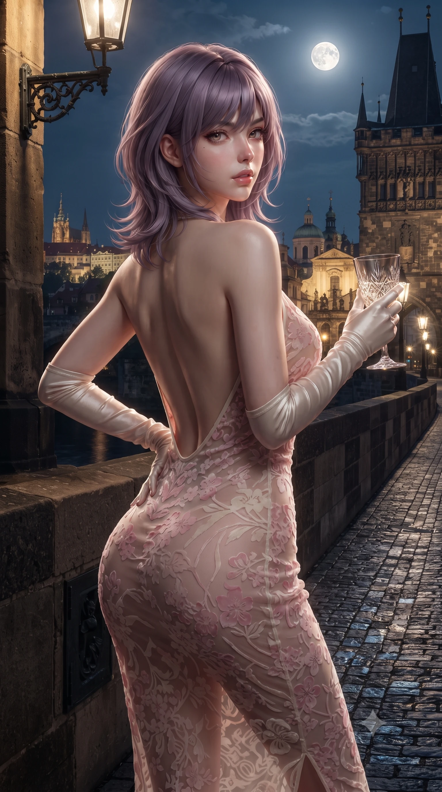 score_9, masterpiece, best quality, ultra-detailed, high-budget anime keyframe, editorial fashion photography, tasteful artistic composition, Japanese woman. close-up cowboy shot from the waist and thighs up, the character dominates the composition, filling the frame with her large presence. posing in an alluring rear three-quarter angle, arching her lower back in a pronounced S-curve with one hand on her hip, glancing seductively over her bare shoulder with parted glossy lips while leaning against the weathered sandstone balustrade of a Gothic tower overlooking the moonlit Charles Bridge, hips cocked back in a seductive S-curve. The surrounding environment is rendered in vivid detail and crisp panoramic clarity. sharp weathered sandstone masonry grain, iron lantern brackets, and wet cobblestone reflections in deep focus. She has an exceptionally elegant, slender, and willowy female figure with an ultra-slim waist, flat toned midriff, narrow ribcage, and sculpted feminine hips creating an alluring, slim hourglass silhouette without bulk. sharp v-shaped jawline, high-bridge nose, intricate jewel-like eyes with depth, thick eyelashes, glossy parted lips with a natural sheen, intensely captivating and seductive bedroom-eyes expression, flawlessly proportioned anatomical accuracy, strict slender model proportions, natural body alignment, perfectly sculpted long slender limbs, ultra-slim waistline, clean dynamic posture without body distortion. wearing a delicate semi-translucent silk yukata that clings to her wet skin and curvy hip contours in sakura blossom pink and warm ivory, made of sheer contouring power-mesh with velvet flocking patterns, accessorized with opera-length satin gloves and a vintage crystal glass, the dramatically scooped open back descending to the base of her spine, accentuating her razor-sharp statuesque lines and slim hourglass silhouette. illuminated by crisp chiaroscuro rim lights defining her razor-sharp jawline, narrow waist, and curvy hips. ultra-reflective glossy finish, specular highlights, rich textural contrasts, high-contrast stereoscopic depth, volumetric dynamic lighting, 2k, ultra detail, master piece, 9:16 ratio