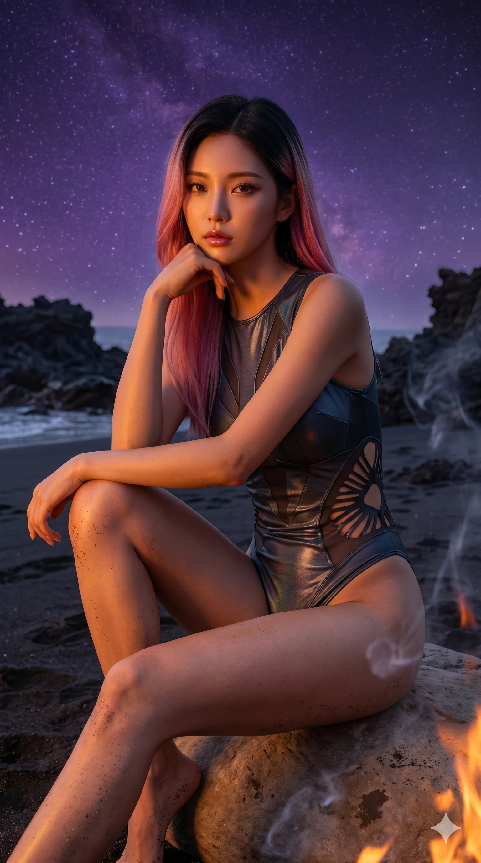 score_9, masterpiece, best quality, ultra-detailed, high-budget anime keyframe, editorial fashion photography, tasteful artistic composition, Korean woman. cowboy shot from the thighs up, character and outfit filling the frame for maximum editorial presence. resting her chin on her hand, looking directly at the camera on a secluded black volcanic beach under a sky of violet starlight (Code-P18-110). She has an absolutely perfect 8-heads proportion, an exceptionally tall and slender female figure with impossibly long slender legs and an ultra-slim waist. V-shaped jawline, high-bridge nose, intricate jewel-like eyes with depth, thick eyelashes, glossy lips with a natural sheen. wearing a wet-look bodysuit with high-cut lines and side cutouts. warm amber firelight casting dancing shadows and a soft golden glow over her features. 2k, ultra detail, master piece, 9:16 ratio