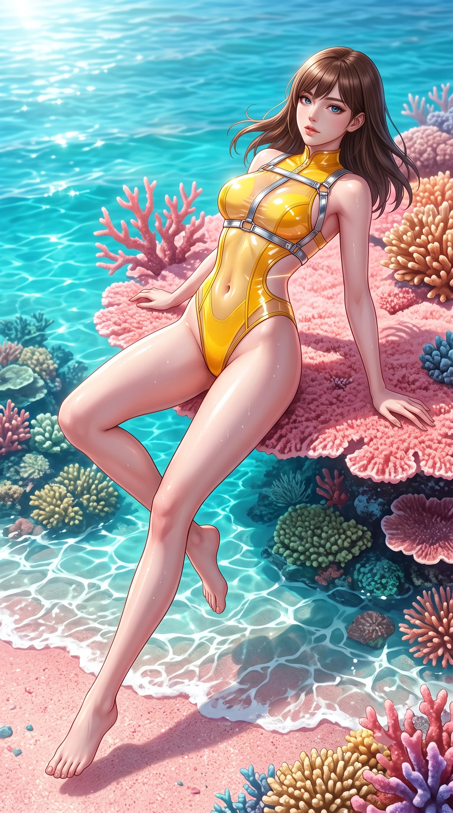 score_9, masterpiece, best quality, ultra-detailed, high-budget anime keyframe, semi-realistic 3D game render, editorial fashion photography, tasteful artistic composition, Korean woman. low angle full-body shot from head to toe showing her feet, filling the entire 9:16 vertical frame with her statuesque presence, stretching her vertical silhouette. leaping through mid-air with an athletic yet alluring arch of her spine, her impossibly long slender legs stretched in flawless poise while reclining along a sun-warmed pink coral shelf as clear turquoise lagoon waves lap gently against her slender thighs. The surrounding environment is rendered in vivid detail and crisp panoramic clarity. vibrant coral reef textures beneath crystal water, fine pink sand grains, and emerald ocean gradients in deep focus. She has an absolutely perfect, statuesque 8.5-heads proportion, an exceptionally tall and slender model-like female figure with impossibly long slender legs, a toned flat midriff, and an ultra-slim waist. sharp v-shaped jawline, high-bridge nose, intricate jewel-like eyes with depth, thick eyelashes, glossy lips with a natural sheen, flawlessly proportioned anatomical accuracy, strict slender model proportions, natural body alignment, perfectly sculpted long slender limbs, ultra-slim waistline, clean dynamic posture without body distortion. wearing a high-cut translucent vinyl leotard with front paneling, exposed side-rib cutouts, and an open back in vibrant sunburst canary yellow and gold trim, formed from high-gloss patent material with specular light reflections, reinforced by a sleek metallic chrome harness and delicate glowing micro-straps, the glove-like aerodynamic second-skin fit tightly clinging to her ultra-slender waist and athletic curves without adding bulk, accentuating her razor-sharp statuesque lines and slim hourglass silhouette. bathed in dazzling tropical morning sunlight and glittering ocean water caustics. highly saturated vibrant anime colors, detailed shading with soft gradients, rich glossy textures, high-contrast stereoscopic depth, volumetric dynamic lighting, master piece, 9:16 ratio
