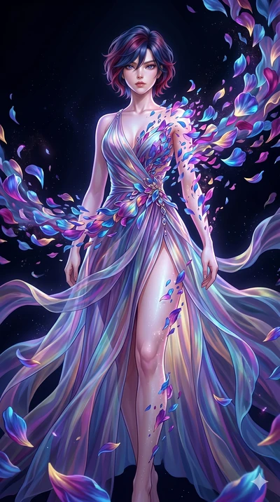 score_9, masterpiece, best quality, ultra-detailed, High-budget Anime Keyframe, East Asian woman. Low angle cowboy shot filling the entire 9:16 frame with her statuesque presence. Scenario 271: Dissolving into a cloud of iridescent silk petals in a v
