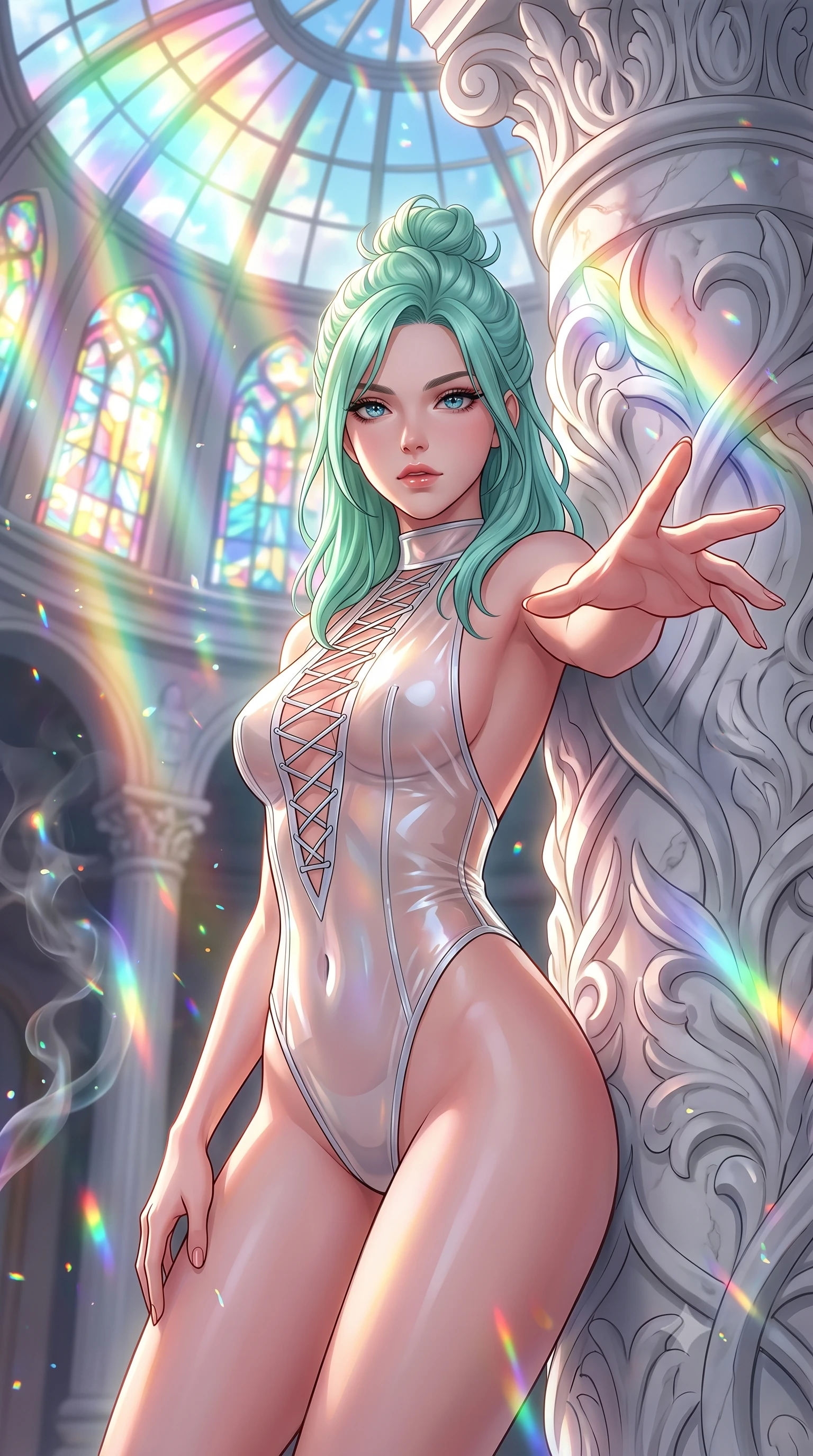 score_9, masterpiece, best quality, ultra-detailed, high-budget anime keyframe, editorial fashion photography, tasteful artistic composition, Japanese woman. close-up cowboy shot from the waist and thighs up, the character dominates the composition, filling the frame with her large presence, background elements kept in soft focus. Reaching one hand gracefully toward the viewer with effortless superiority and allure resting against a sculpted white marble pillar under a rainbow dome, floating glass dust and incense smoke scattering colorful light beams. She has an exceptionally elegant, slender, and willowy female figure with an ultra-slim waist, a gracefully sculpted slender torso, and a refined silhouette. sharp v-shaped jawline, high-bridge nose, intricate jewel-like eyes with depth, thick eyelashes, glossy lips with a natural sheen. wearing a high-cut translucent vinyl leotard with strategic lace-up front paneling and open back, the sleek second-skin texture accentuating her magnetic presence. bathed in cascading rainbow prismatic light refracting through stained glass. highly saturated vibrant anime colors, detailed shading with soft gradients, rich glossy textures, high-contrast stereoscopic depth, volumetric dynamic lighting, master piece, 9:16 ratio