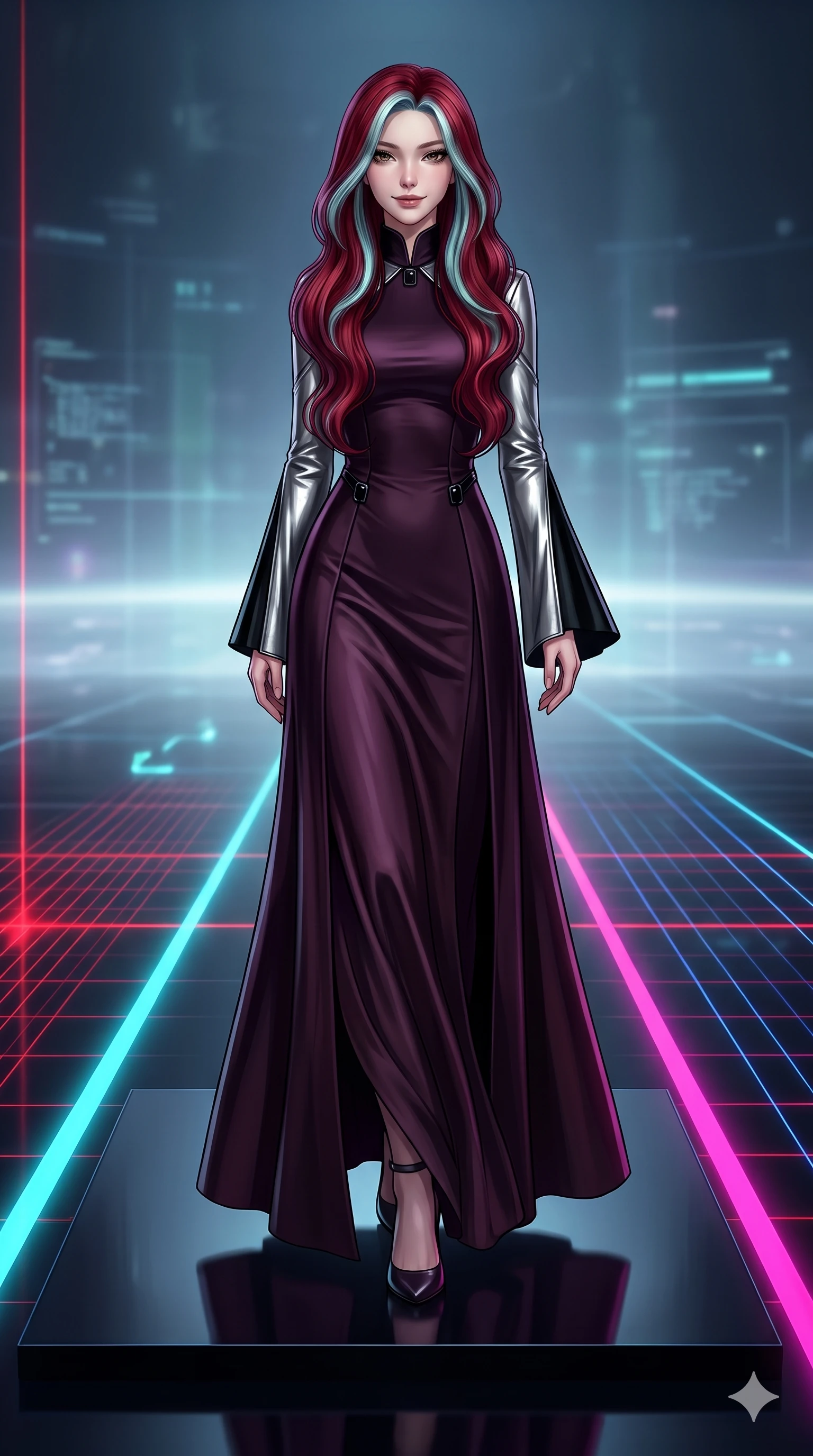score_9, masterpiece, best quality, ultra-detailed, high-budget anime keyframe, semi-realistic 3D game render, editorial fashion photography, tasteful artistic composition, Caucasian woman. low angle full-body shot from head to toe showing her feet, filling the entire 9:16 vertical frame with her statuesque presence, stretching her vertical silhouette. poised on the dark reflective floor while laser grids scan the room, her statuesque silhouette commanding the frame while striding confidently along the floating monolithic platform, her long slender legs and hourglass hips commanding the infinite cyber void. The background shows a soft-focus abstract cyber-space void softened in digital horizon shallow focus. She has an absolutely perfect, statuesque 8.5-heads proportion, an exceptionally tall and slender model-like female figure with impossibly long slender legs, an ultra-slim waist, a flat toned midriff, narrow delicate ribcage, and beautifully sculpted feminine hips creating a graceful, slim hourglass silhouette without any bulky heaviness. sharp v-shaped jawline, high-bridge nose, intricate jewel-like dark sparkling eyes with hypnotic seductive depth, thick curled eyelashes, glossy parted lips with a natural wine sheen, alluring bedroom-eyes with an enigmatic smoldering smile, exuding magnetic sovereign charisma and dark avant-garde glamour, flawlessly proportioned anatomical accuracy, strict slender model proportions, natural body alignment, perfectly sculpted long slender limbs, ultra-slim waistline, clean dynamic posture without body distortion. wearing a gothic high-collar dark plum silk evening gown with long bell sleeves in metallic liquid silver and pitch black, woven from bespoke high-density barathea wool with refined ceremonial hold, adorned with minimalist black onyx hardware framing the silhouette, the bespoke structured tailoring following the natural line of her 8.5-heads silhouette with refined elegance. bathed in high-contrast cyan and hot-magenta neon vector lines slicing across dark surfaces. highly saturated vibrant anime colors, detailed shading with soft gradients, rich glossy textures, high-contrast stereoscopic depth, volumetric dynamic lighting, master piece, 9:16 ratio