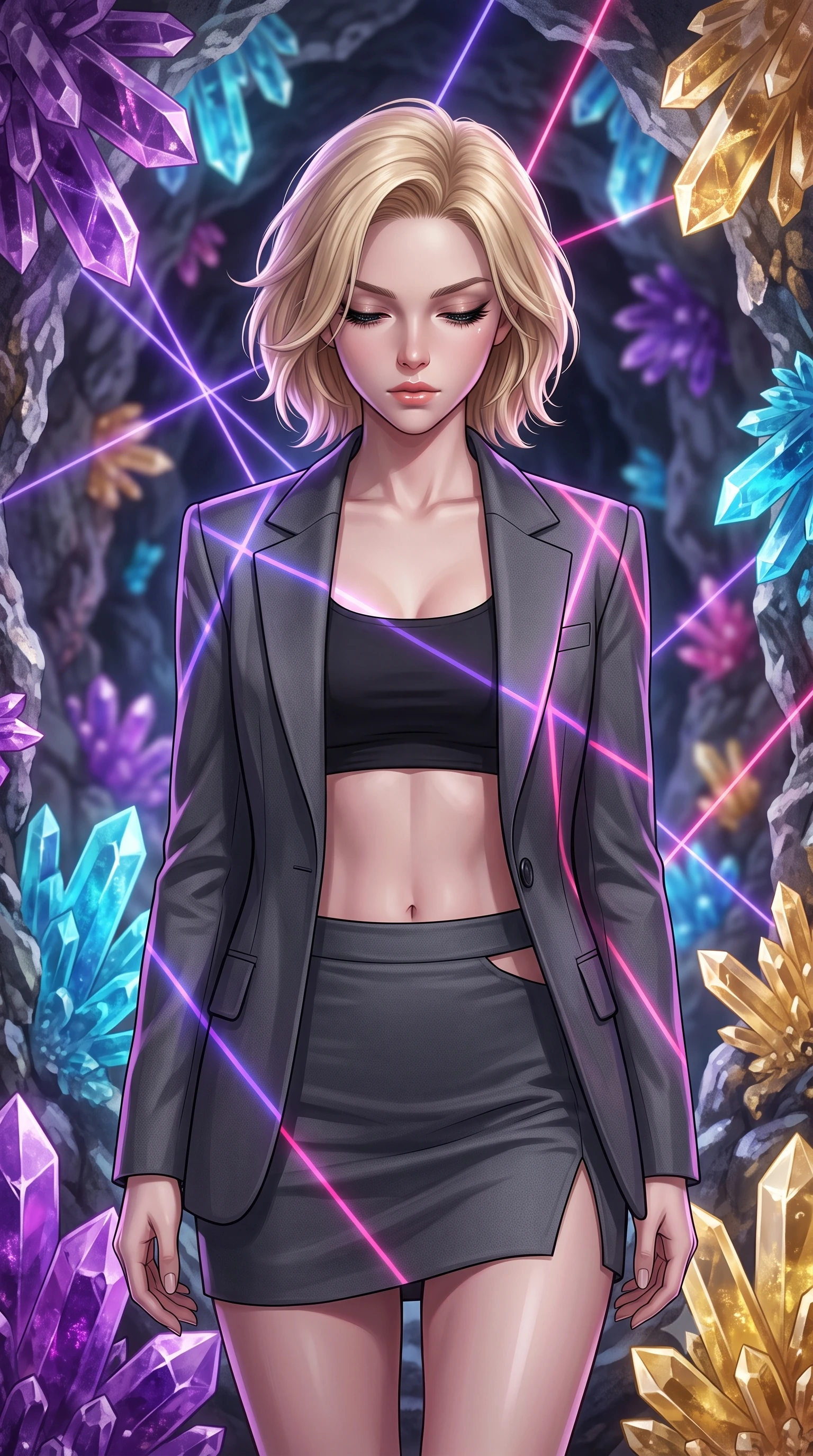 score_9, masterpiece, best quality, ultra-detailed, high-budget anime keyframe, editorial fashion photography, tasteful artistic composition, Caucasian woman, strictly human ears. close-up cowboy shot from the waist and thighs up, the character dominates the composition, filling the frame with her large presence, background elements kept in soft focus. Looking down with lowered lashes and a composed powerful expression. set against a soft-focus background of deep inside a hollowed-out asteroid whose rough stone walls are lined with enormous crystal formations in every imaginable color from deep violet amethyst to electric blue aquamarine to warm citrine gold. She has an exceptionally elegant and slender, willowy female figure with an ultra-slim waist, a gracefully sculpted slender torso, and a refined slim physique. sharp v-shaped jawline, high-bridge nose, intricate jewel-like eyes with depth, thick eyelashes, glossy lips with a natural sheen. wearing a structured blazer in charcoal grey worn open over a black crop top and matching mini skirt with side cutout. laser lines of violet and hot pink reflecting off surfaces casting geometric neon highlights. 2k, ultra detail, master piece, 9:16 ratio