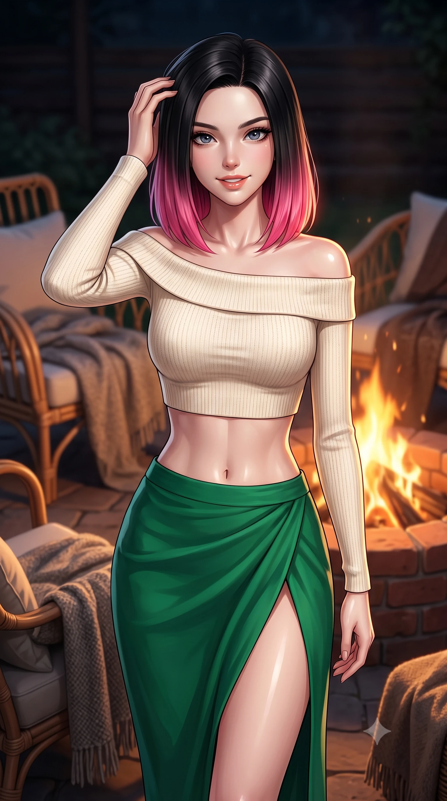 score_9, masterpiece, best quality, ultra-detailed, high-budget anime keyframe, editorial fashion photography, tasteful artistic composition, Korean woman. close-up cowboy shot from the waist and thighs up, the character dominates the composition, filling the frame with her large presence, background elements kept in soft focus. smiling with quiet, magnetic self-assurance directly into the camera, running a hand through her hair the background shows a soft-focus a cozy outdoor lounge area with rattan chairs, wool blankets, and a brick fire pit. She has an exceptionally elegant, slender, and willowy female figure with an ultra-slim waist, a gracefully sculpted slender torso, and a refined silhouette. sharp v-shaped jawline, high-bridge nose, intricate jewel-like eyes with depth, thick eyelashes, glossy lips with a natural sheen. wearing a slim-fit cropped off-shoulder knit top in cream paired with a high-slit wrap skirt in emerald green. the warm orange flicker of the campfire casting cozy, intimate shadows. ultra-reflective glossy finish, specular highlights, metallic sheen, high-contrast stereoscopic depth, volumetric dynamic lighting, 2k, ultra detail, master piece, 9:16 ratio
