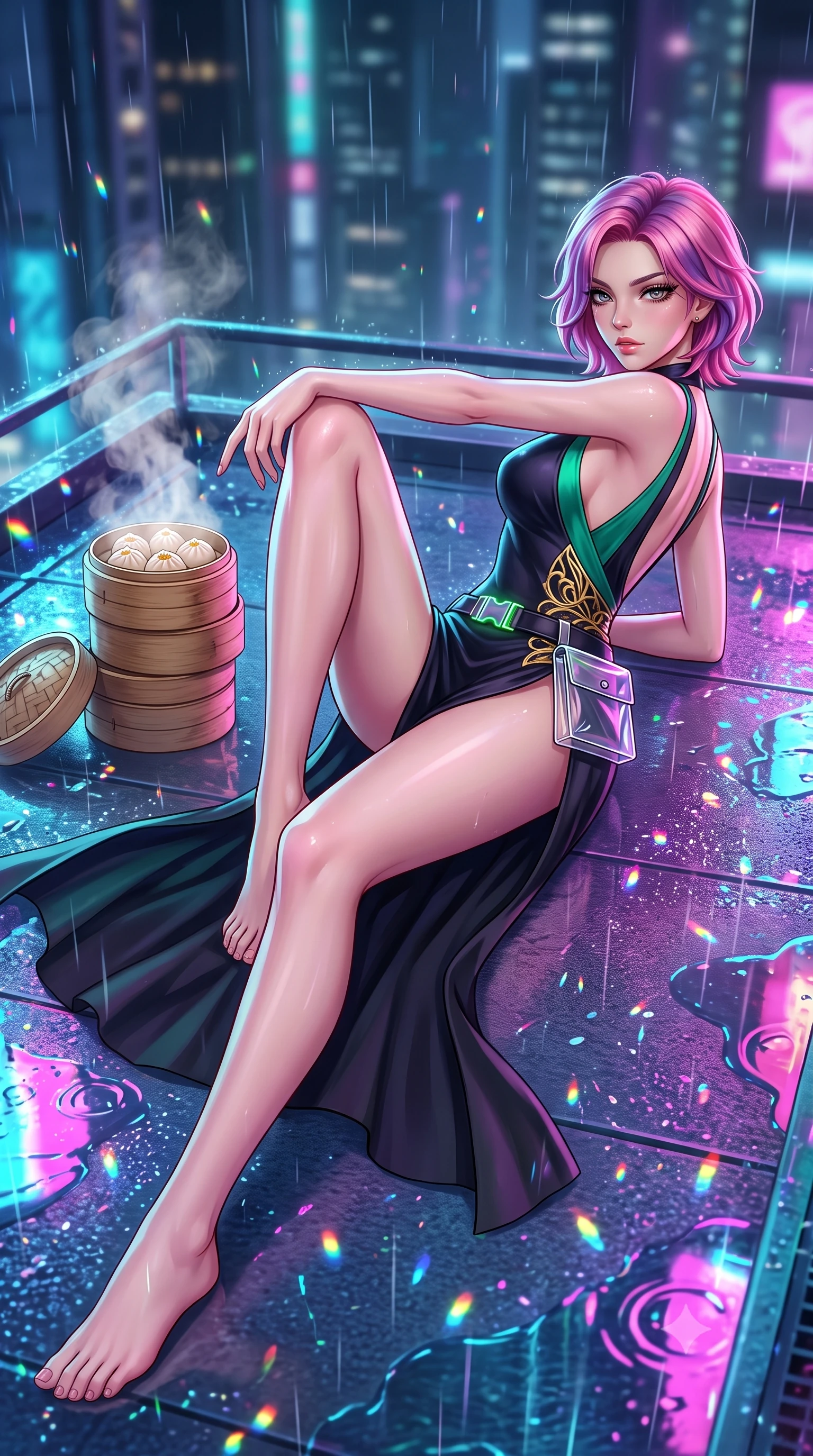 score_9, masterpiece, best quality, ultra-detailed, high-budget anime keyframe, semi-realistic 3D game render, editorial fashion photography, tasteful artistic composition, Caucasian woman. low angle full-body shot from head to toe showing her feet, filling the entire 9:16 vertical frame with her statuesque presence, stretching her vertical silhouette. reclining on her side in an elegant Cleopatra pose with one knee drawn up, the dramatic contour of her rounded hips and long slender legs commanding the 9:16 vertical frame while striding across the neon-drenched rooftop deck as steam curls from dim sum bamboo steamers, her high-slit dress fluttering to reveal her long slender legs. The composition keeps background elements in soft focus with creamy bokeh. falling raindrops and neon puddle reflections scattering vivid chromatic light motes across the deck. She has an absolutely perfect, statuesque 8.5-heads proportion, an exceptionally tall and slender model-like female figure with impossibly long slender legs, a toned flat midriff, an ultra-slim waist, and beautifully sculpted feminine hips. sharp v-shaped jawline, high-bridge nose, intricate jewel-like eyes with depth, thick eyelashes, glossy parted lips with a natural sheen, intensely captivating and seductive bedroom-eyes expression, flawlessly proportioned anatomical accuracy, strict slender model proportions, natural body alignment, perfectly sculpted long slender limbs, ultra-slim waistline, clean dynamic posture without body distortion. wearing a sleek obsidian column dress with gold filigree hip cincher and plunging backline in jade green and dark obsidian, crafted from flexible reflective spandex and tactical webbing, finished with a neon LED belt buckle and translucent vinyl tool pouch, the form-contouring material adhering flawlessly to her sculpted flat midriff and slender torso, emphasizing her long leg lines and perfectly proportioned willowy build. surrounded by an enigmatic, sultry, and breathtakingly hypnotic cyber-femme fatale aura. highly saturated vibrant anime colors, detailed shading with soft gradients, rich glossy textures, high-contrast stereoscopic depth, volumetric dynamic lighting, master piece, 9:16 ratio