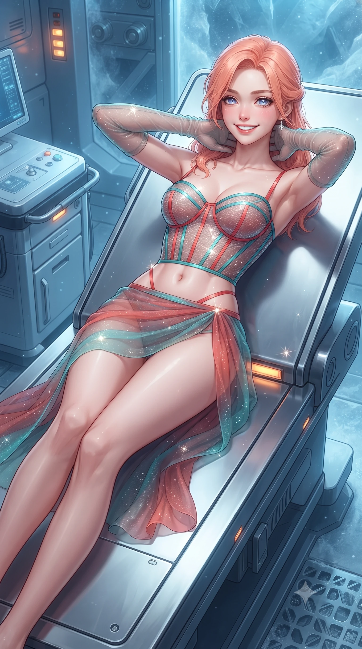 score_9, masterpiece, best quality, ultra-detailed, high-budget anime keyframe, editorial fashion photography, tasteful artistic composition, Japanese woman. close-up cowboy shot from the waist and thighs up, the character dominates the composition, filling the frame with her large presence. resting both hands lightly behind her neck with elbows raised, arching her spine to highlight her narrow waist, flat midriff, and breathtaking collarbones while reclining gracefully on the heated laboratory recovery bench with legs extended, displaying her long slender limbs and statuesque hourglass silhouette against the frozen glacial vault. The surrounding environment is rendered in vivid detail and crisp panoramic clarity: detailed tactical bodysuit lines, sleek wet-look sheen, and sterile cryogenic research architecture in razor-sharp precision. She has an exceptionally elegant, slender, and willowy female figure with an ultra-slim waist, flat toned midriff, narrow ribcage, and sculpted feminine hips creating an alluring, slim hourglass silhouette without bulk. sharp v-shaped jawline, high-bridge nose, intricate jewel-like sparkling eyes with depth, thick eyelashes, glossy parted lips with a natural peach sheen, bright cheerful beaming smile with an enchanting and coquettish sensual glint, exuding both youthful cute charm and seductive allure, flawlessly proportioned anatomical accuracy, strict slender model proportions, natural body alignment, perfectly sculpted long slender limbs, ultra-slim waistline, clean dynamic posture without body distortion. wearing a provocative translucent mesh corset bodice with boned satin channels paired with a sheer chiffon wrap maxi skirt in cyber-shinto vermilion and laser turquoise, woven from stretch metallic lurex jersey casting radiant starlight glints across her curves, complemented by sheer opera-length evening gloves tracing her slender arms, the impeccably tailored cut draping gracefully along her slender figure with aristocratic poise. bathed in cool 8000K clinical bio-luminescence mixed with warm amber emergency threshold lights. ultra-reflective glossy finish, specular highlights, rich textural contrasts, high-contrast stereoscopic depth, volumetric dynamic lighting, 2k, ultra detail, master piece, 9:16 ratio