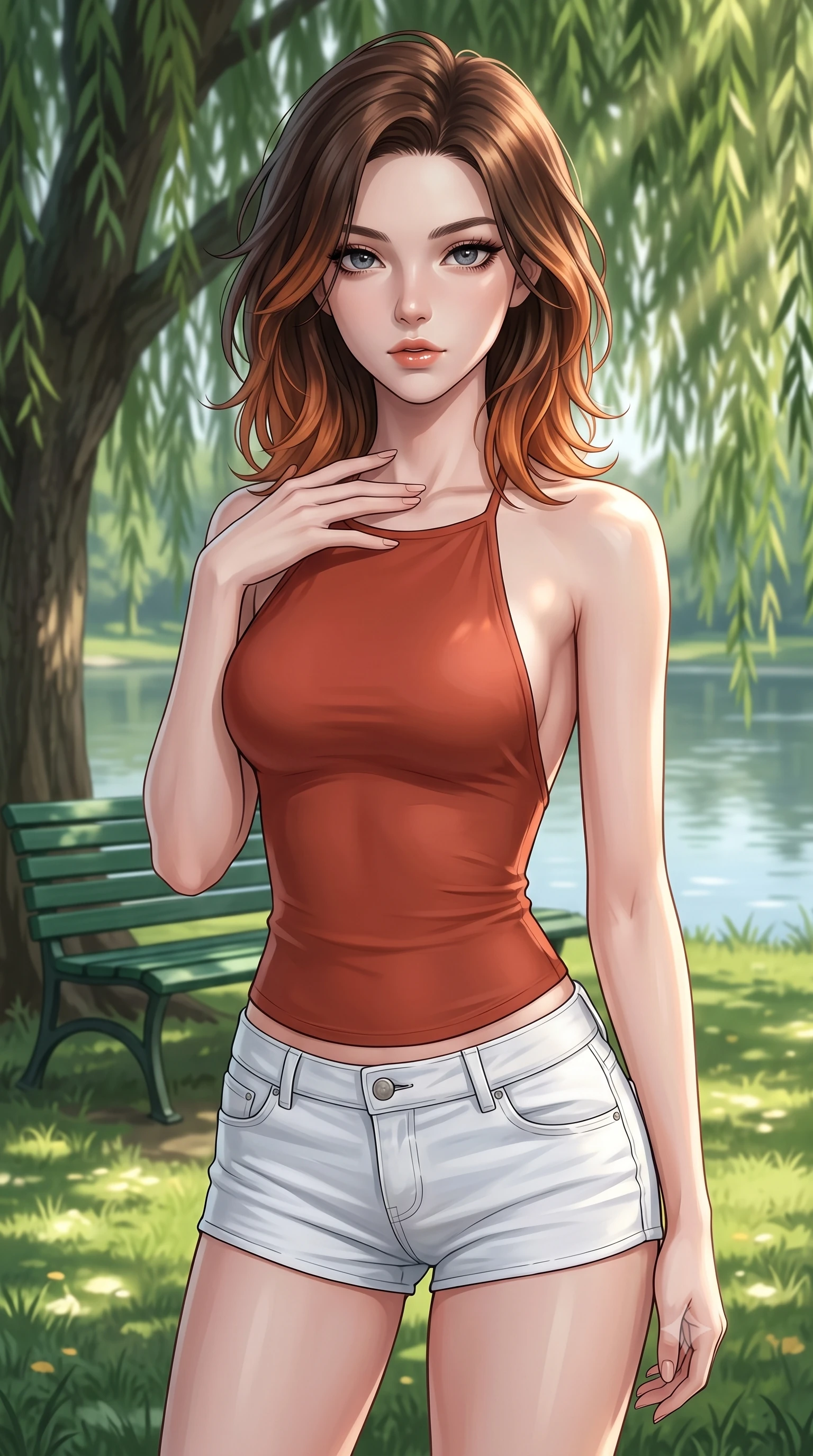 score_9, masterpiece, best quality, ultra-detailed, high-budget anime keyframe, editorial fashion photography, tasteful artistic composition, Korean woman woman. close-up cowboy shot from the waist and thighs up, the character dominates the composition, filling the frame with her large presence, background elements kept in soft focus. standing with one hand resting on her collarbone, looking at the viewer with bedroom-eyes the background shows a soft-focus a green park bench under a large weeping willow tree near a calm lake. She has an exceptionally elegant, slender, and willowy female figure with an ultra-slim waist, a gracefully sculpted slender torso, and a refined silhouette. sharp v-shaped jawline, high-bridge nose, intricate jewel-like eyes with depth, thick eyelashes, glossy lips with a natural sheen. wearing a body-hugging backless halter top in terracotta red, paired with white denim micro-shorts. dappled sunbeams filtering through the willow leaves onto the grass. 2k, ultra detail, master piece, 9:16 ratio