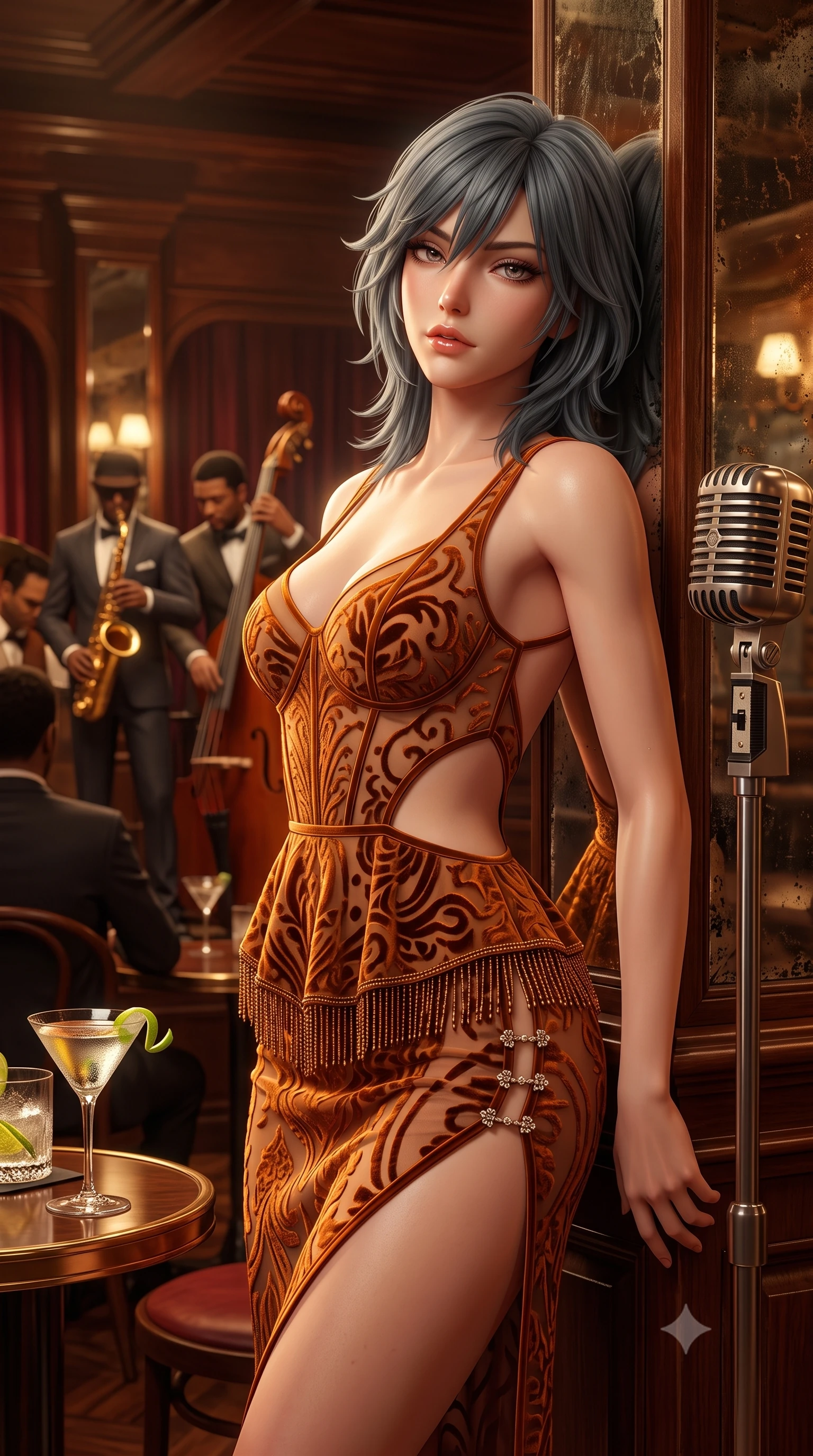 score_9, masterpiece, best quality, ultra-detailed, high-budget anime keyframe, semi-realistic 3D game render, editorial fashion photography, tasteful artistic composition, Caucasian woman. close-up cowboy shot from the waist and thighs up, the character dominates the composition, filling the frame with her large presence. leaning back with relaxed seductive grace, her sculpted collarbones and narrow waist highlighted as she casts smoldering bedroom-eyes directly into the camera while leaning back against an antique mirrored column with hips cocked, casting a smoky, seductive bedroom-gaze past the jazz quartet. The surrounding environment is rendered in vivid detail and crisp panoramic clarity. detailed beaded dress fringe movement, cocktail glass condensation, and vintage microphone grill in high clarity. She has an exceptionally elegant, slender, and willowy female figure with an ultra-slim waist, flat toned midriff, narrow ribcage, and sculpted feminine hips creating an alluring, slim hourglass silhouette without bulk. sharp v-shaped jawline, high-bridge nose, intricate jewel-like eyes with depth, thick eyelashes, glossy parted lips with a natural sheen, intensely captivating and seductive bedroom-eyes expression, flawlessly proportioned anatomical accuracy, strict slender model proportions, natural body alignment, perfectly sculpted long slender limbs, ultra-slim waistline, clean dynamic posture without body distortion. wearing a modern peplum corset dress with side-waist diamond cutouts and an ultra-tight silhouette in rich copper bronze and warm amber, made of sheer contouring power-mesh with velvet flocking patterns, finished with an ultra-high side slit secured by miniature jeweled clasps, the precision-cut side openings and low-back scoop framing her graceful spine and the sensual sweep of her slim, toned hips. surrounded by a sultry, scandalous, and irresistibly intoxicating jazz-age siren aura. highly saturated vibrant anime colors, detailed shading with soft gradients, rich glossy textures, high-contrast stereoscopic depth, volumetric dynamic lighting, master piece, 9:16 ratio