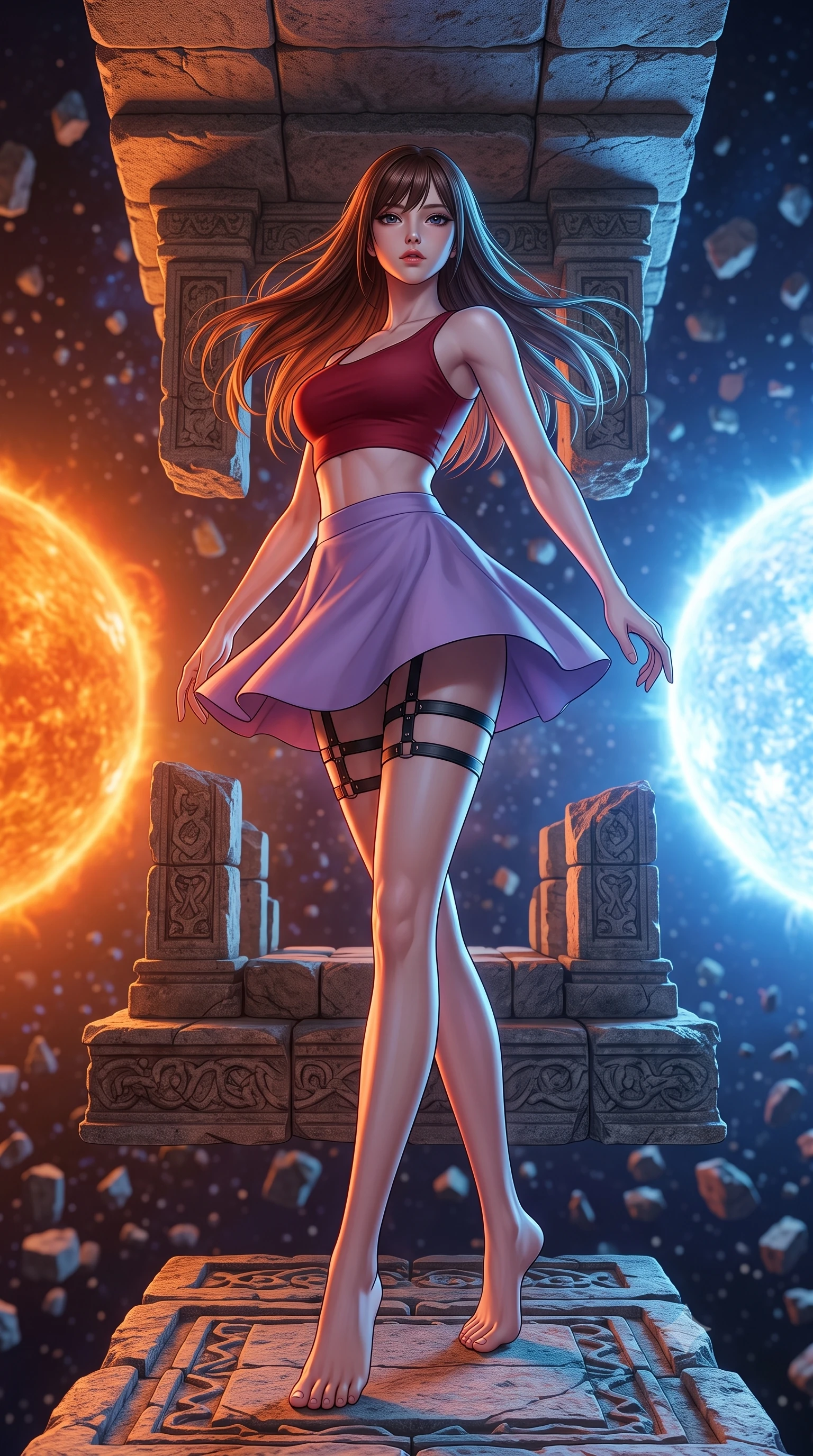score_9, masterpiece, best quality, ultra-detailed, high-budget anime keyframe, editorial fashion photography, tasteful artistic composition, Korean woman. low angle full-body shot from head to toe showing her feet, filling the entire 9:16 vertical frame with her statuesque presence, stretching her vertical silhouette. twirling with balletic elegance inside a floating stone shrine suspended in the gravitational balance point between two suns one burning deep orange and the other brilliant blue creating a perpetual dual-colored twilight on every surface. She has a statuesque 8.5-heads proportion, an exceptionally tall, slender and willowy model-like build with impossibly long legs and a highly sculpted ultra-slim waist. sharp v-shaped jawline, high-bridge nose, intricate jewel-like eyes with depth, thick eyelashes, glossy lips with a natural sheen. wearing a matte crimson crop top paired with matching high-waist lavender mini skirt and black leather thigh straps. dramatic split lighting with warm orange from the left and cool blue from the right meeting in complex color-mixing on every surface and on her skin. 2k, ultra detail, master piece, 9:16 ratio