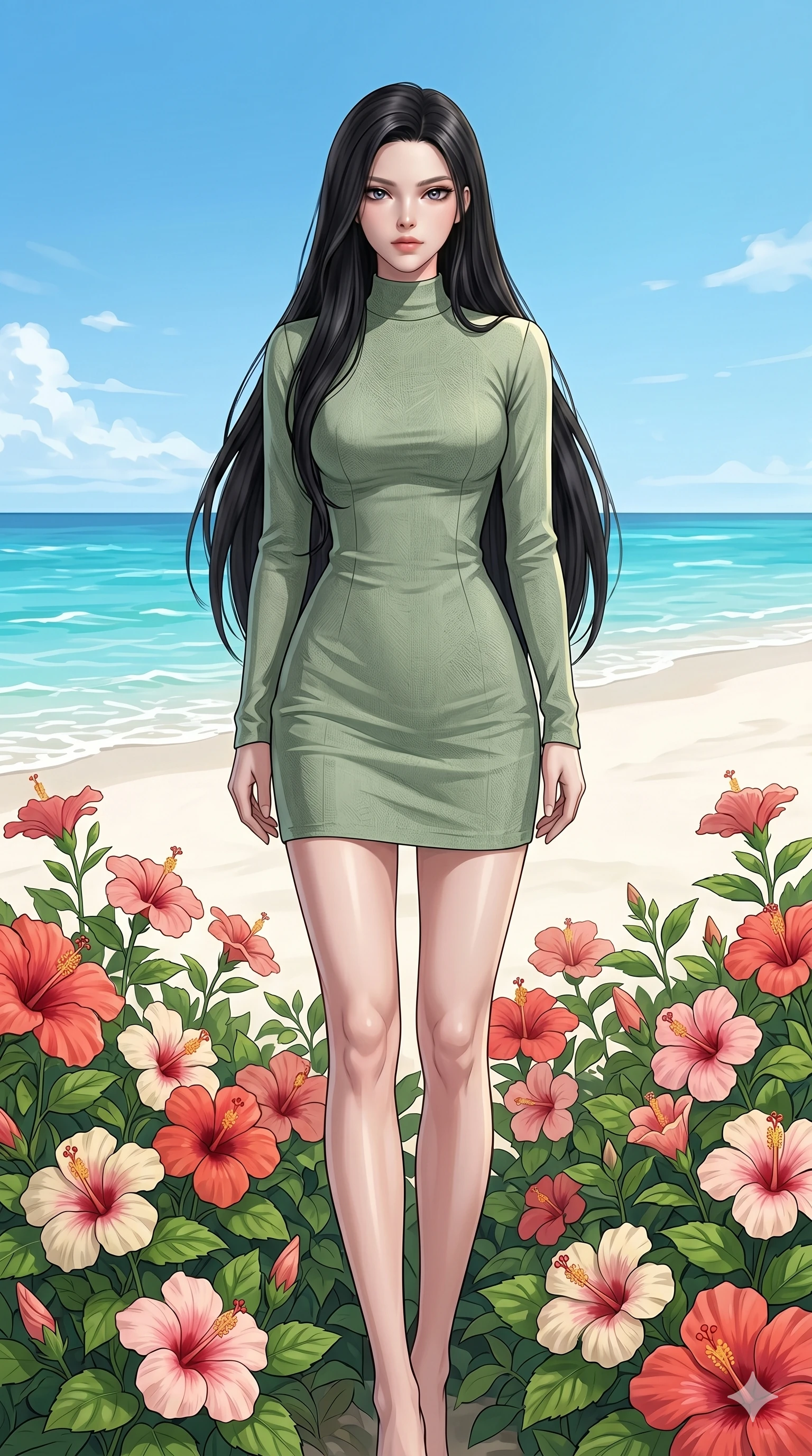 score_9, masterpiece, best quality, ultra-detailed, high-budget anime keyframe, editorial fashion photography, tasteful artistic composition, Korean woman. cowboy shot from the thighs up, character and outfit filling the frame for maximum editorial presence. standing among tropical hibiscus, looking at the viewer with an air of superiority on a secluded white sand beach under a clear summer sky (Code-P19-061). She has an absolutely perfect 8-heads proportion, an exceptionally tall and slender female figure with impossibly long slender legs and an ultra-slim waist. V-shaped jawline, high-bridge nose, intricate jewel-like eyes with depth, thick eyelashes, glossy lips with a natural sheen. wearing a high-neck long-sleeve resort dress in a lightweight sage green cotton. bright cinematic key light tracing the sleek contours of her athletic figure in the sun. 2k, ultra detail, master piece, 9:16 ratio